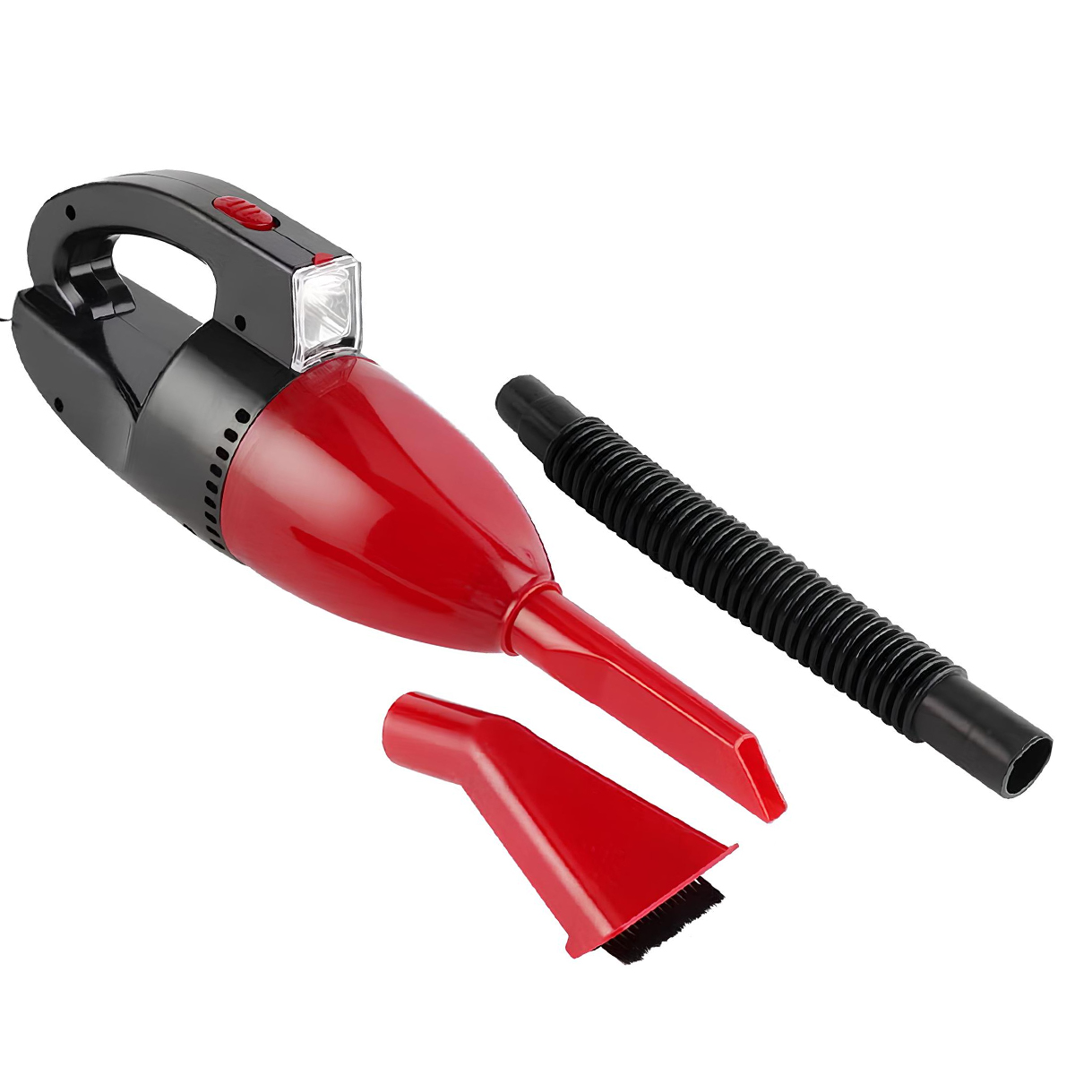 Un aspirapolvere portatile rosso e nero con accessori: tubo e bocchetta.