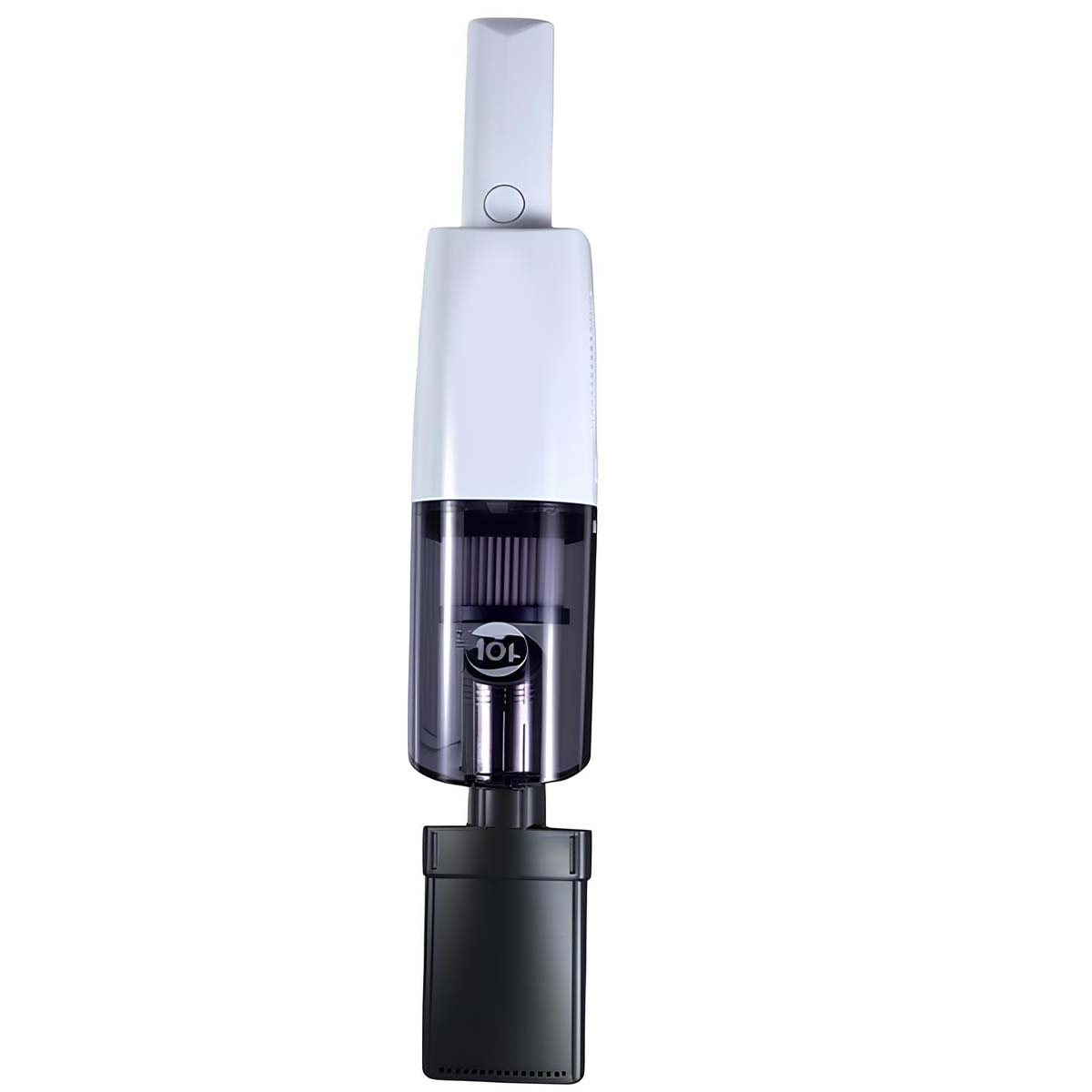 Un aspirapolvere portatile bianco con raccoglipolvere e filtro neri.