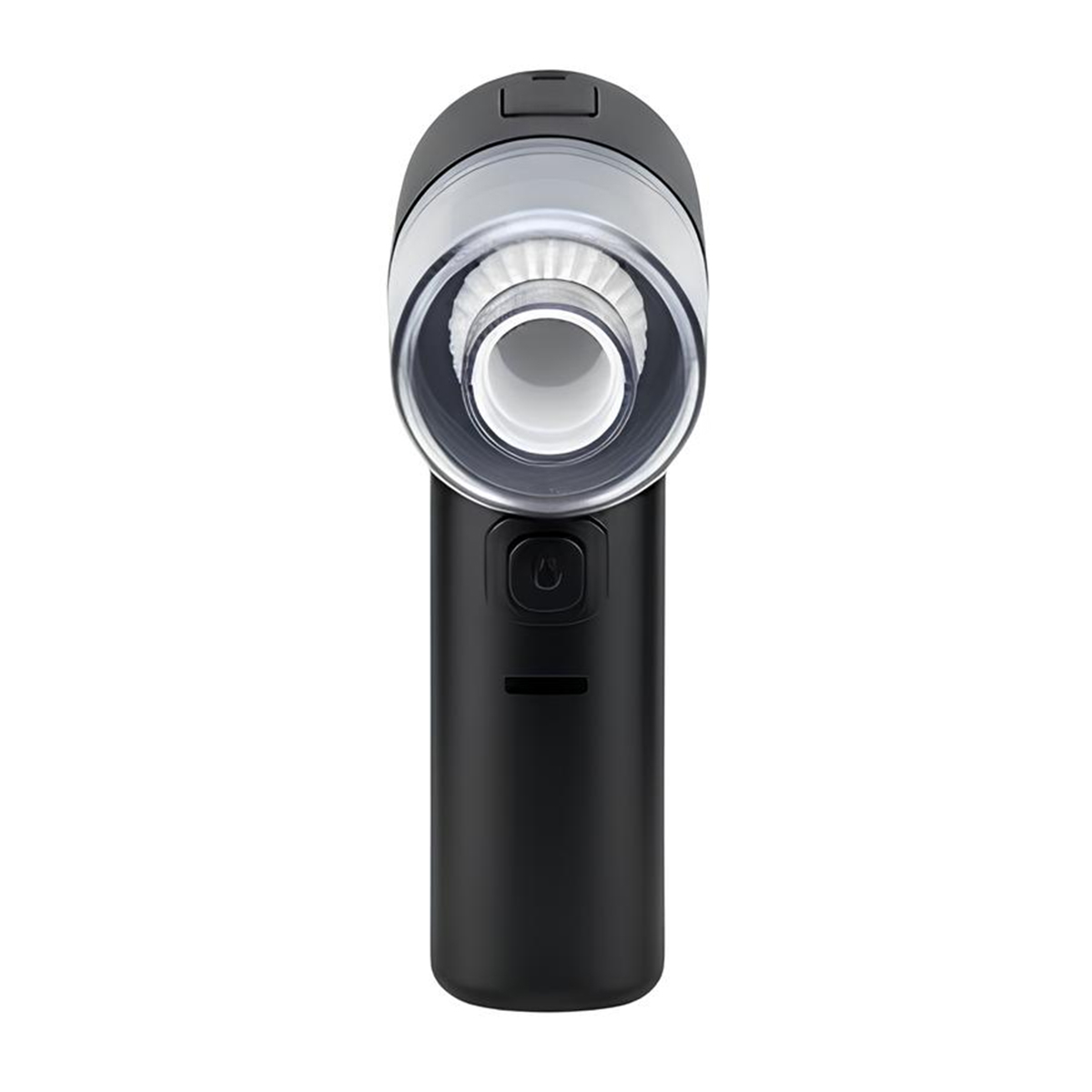 Un aspirapolvere portatile nero con contenitore trasparente e filtro.