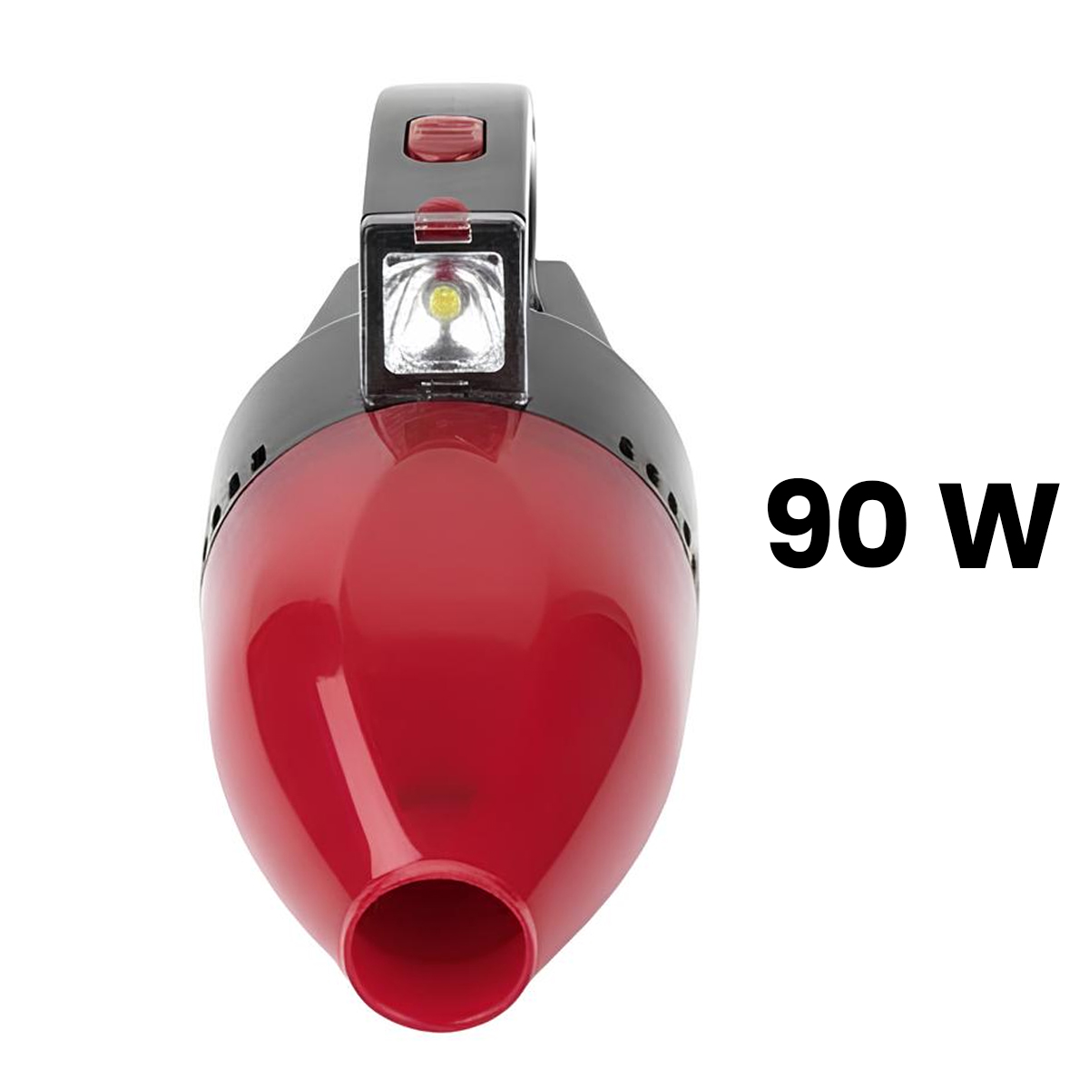 Aspirapolvere portatile rosso e nero con LED ed etichetta 90 W.