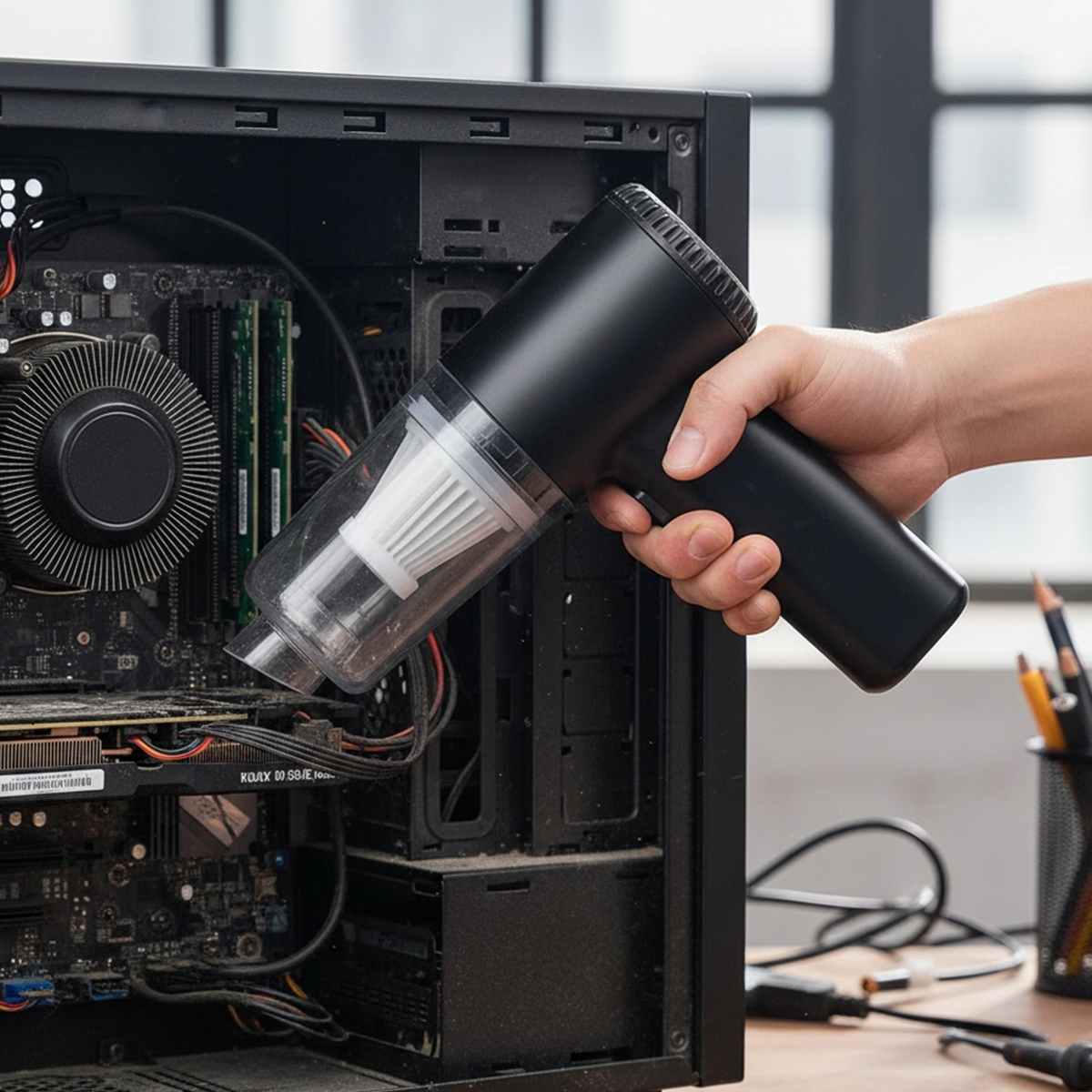Una mano tiene un mini aspirapolvere nero per pulire un computer polveroso.