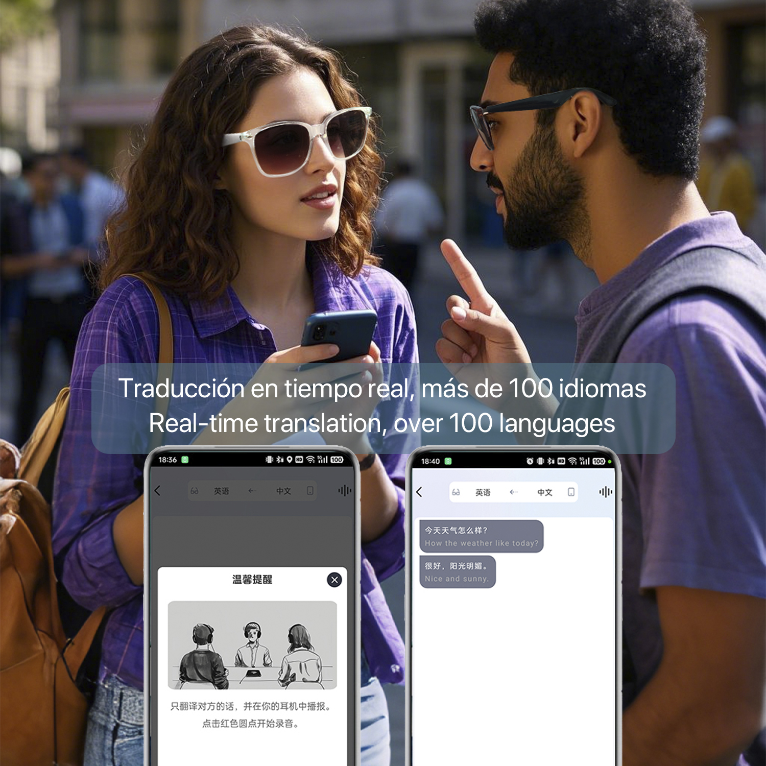 Uomo e donna parlano, telefono mostra app di traduzione con chat meteo.