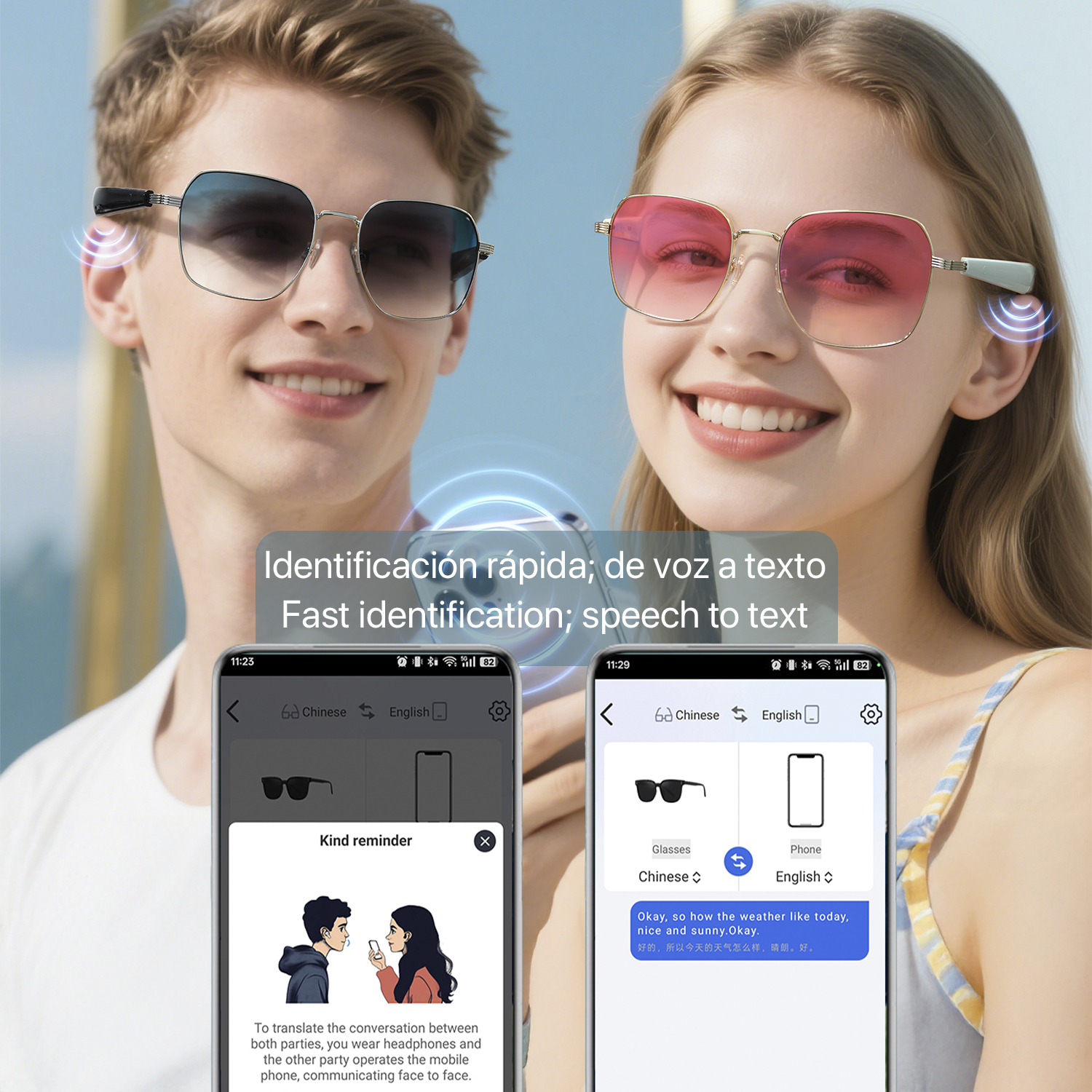 Uomo e donna indossano occhiali eleganti con Bluetooth. Schermi mostrano app di traduzione.