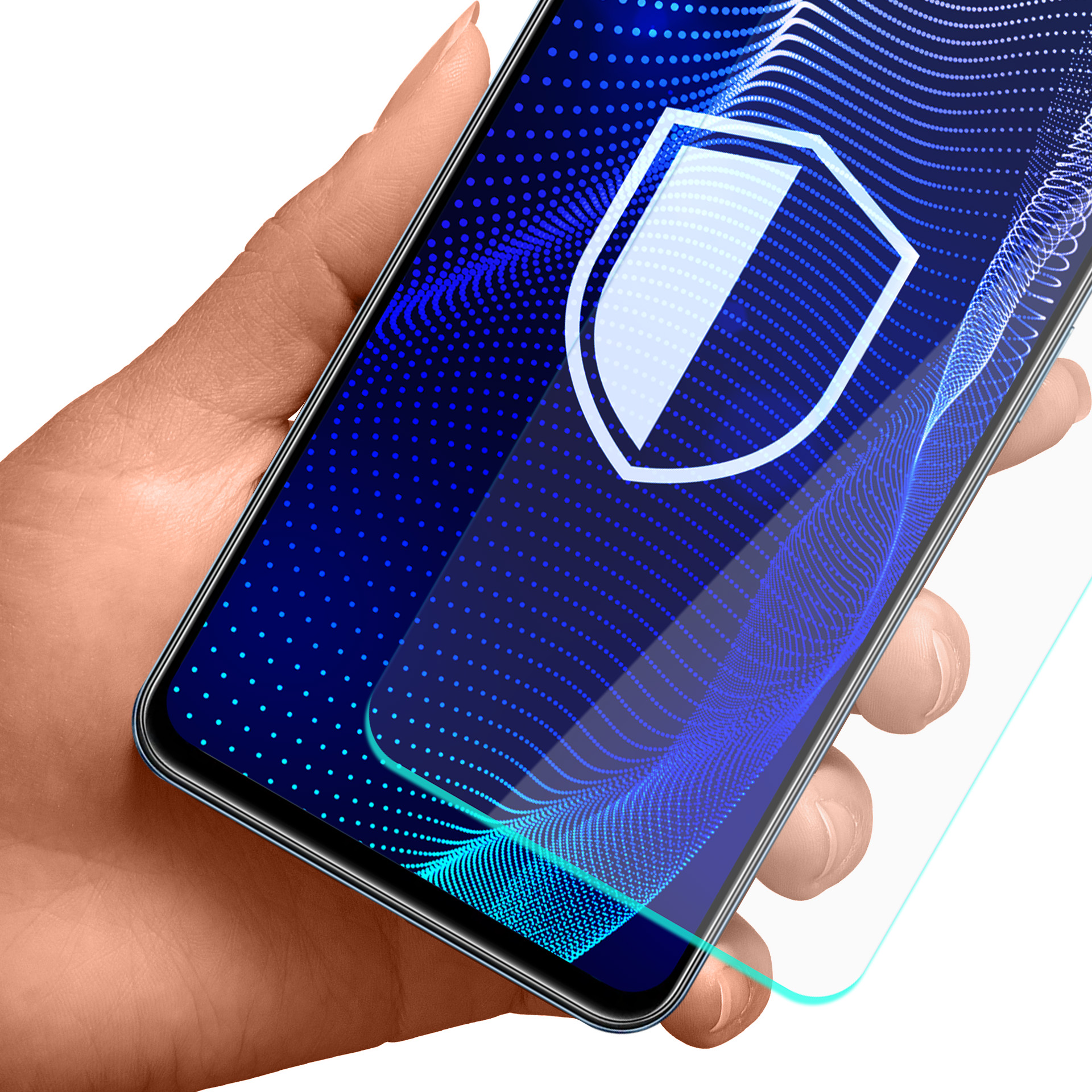 Dłoń trzyma smartfon z ikoną tarczy na niebieskim cyfrowym tle.