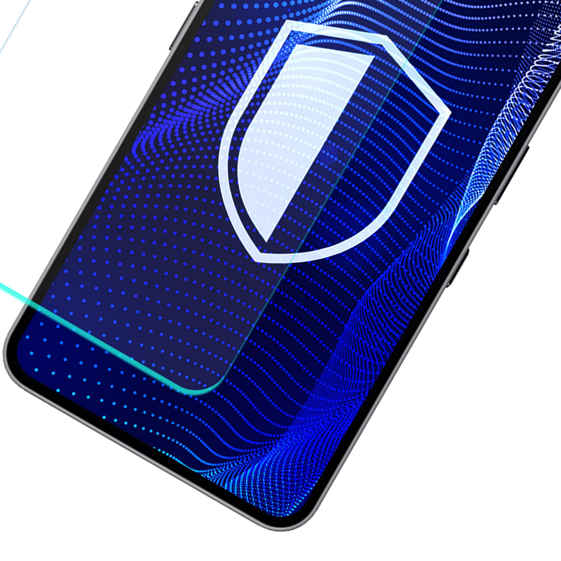 Smartfon wyświetlający niebieską cyfrową ikonę tarczy na ekranie.