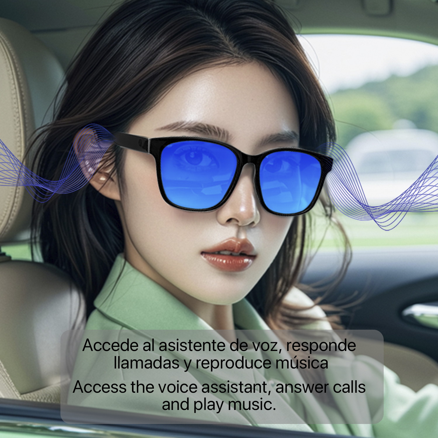 Donna con occhiali da sole in auto, accede a musica e chiamate.
