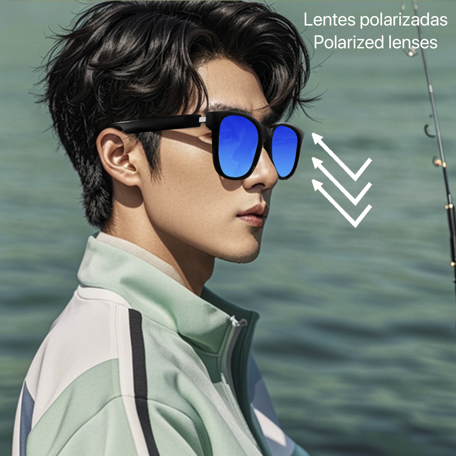 Un uomo con capelli neri indossa occhiali da sole blu a specchio e una giacca.