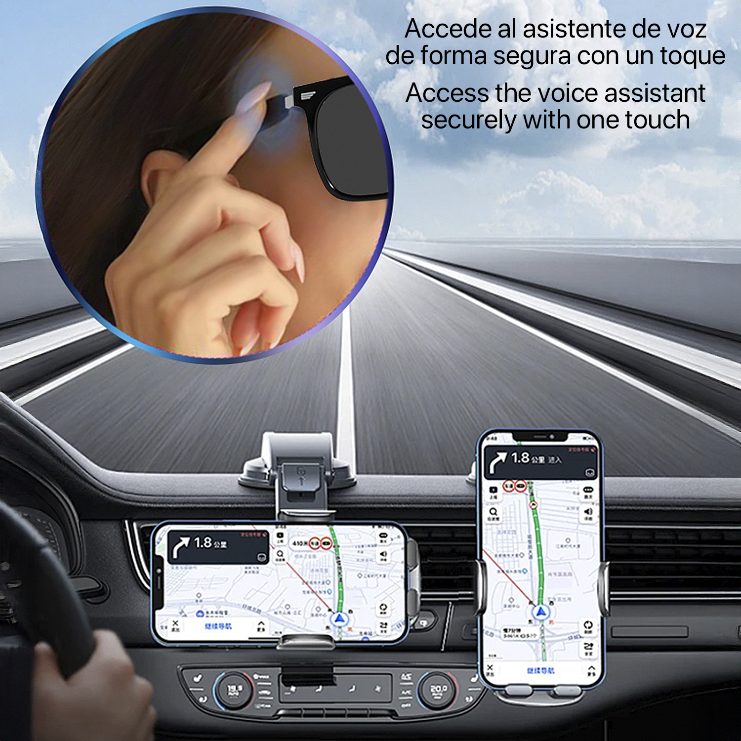 Cruscotto dell'auto con due telefoni che mostrano app di navigazione.