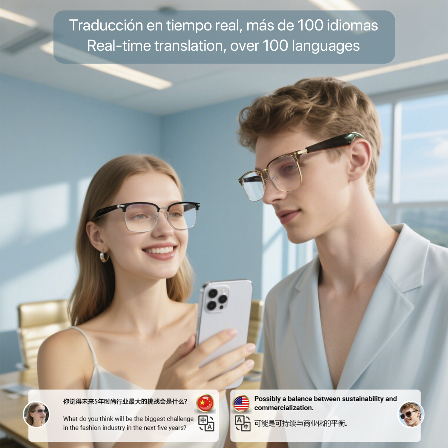 Uomo e donna con occhiali guardano un telefono. Testo sulla traduzione.