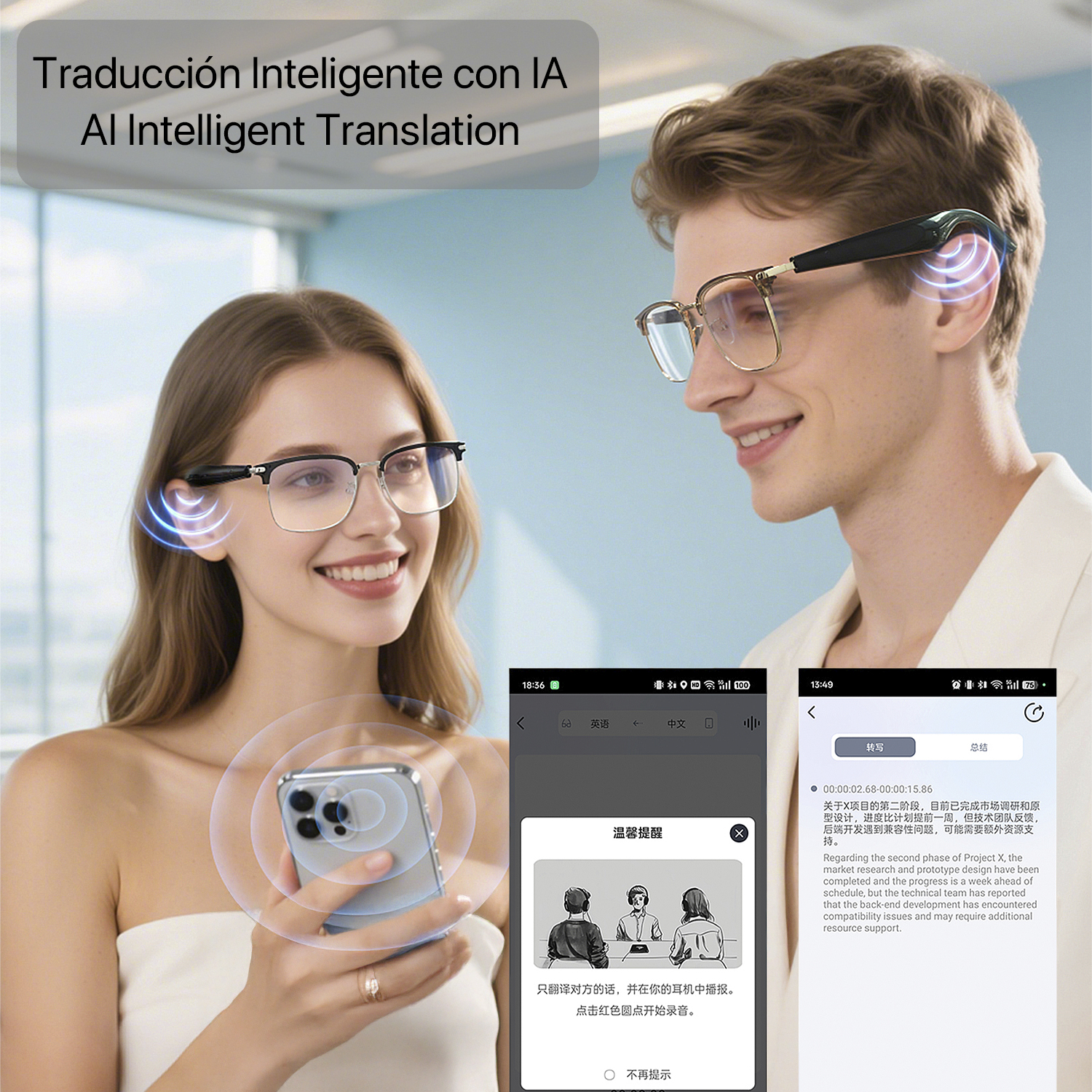 Uomo e donna indossano occhiali; telefono mostra app traduzione con testo.