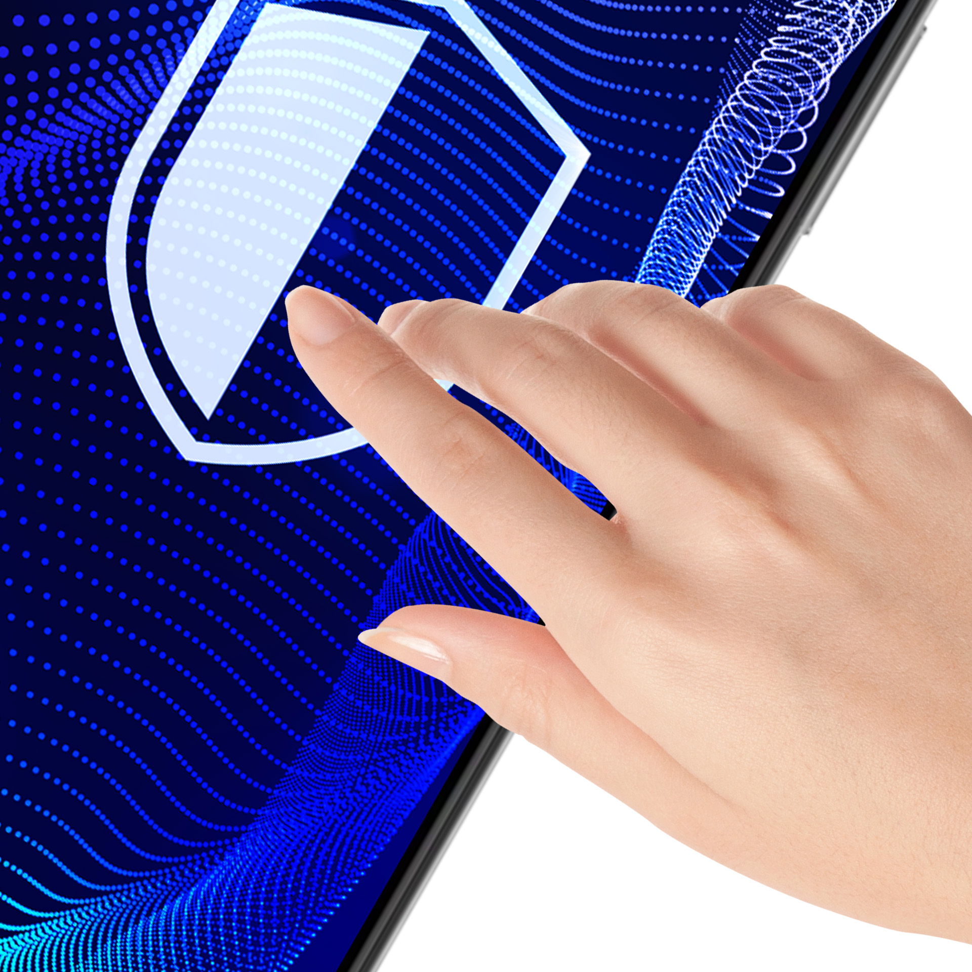 Un dito tocca uno scudo digitale blu su uno sfondo a punti.