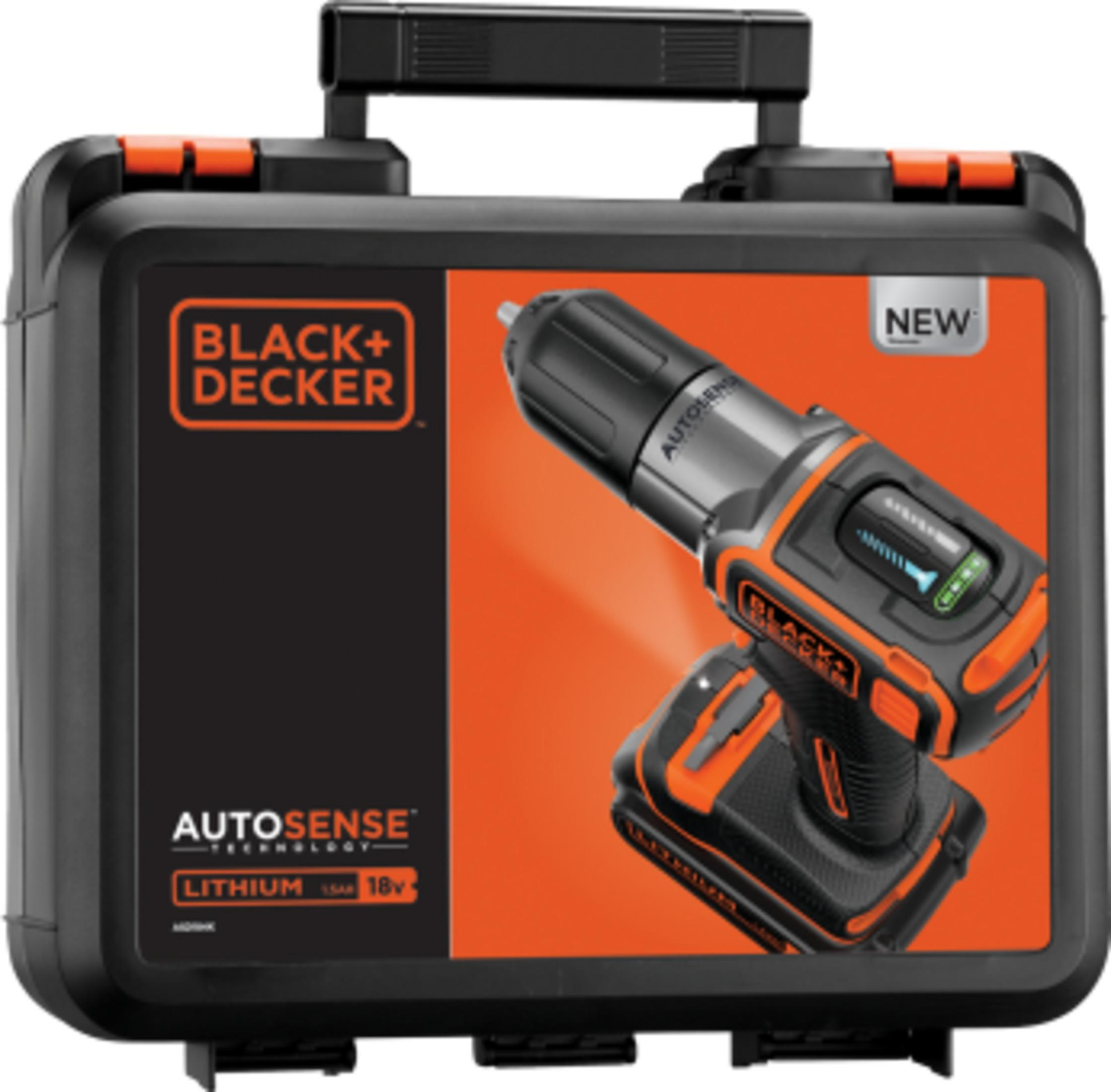 Trapano a batteria Black and Decker in custodia nera e arancione con etichetta 'NUOVO'.