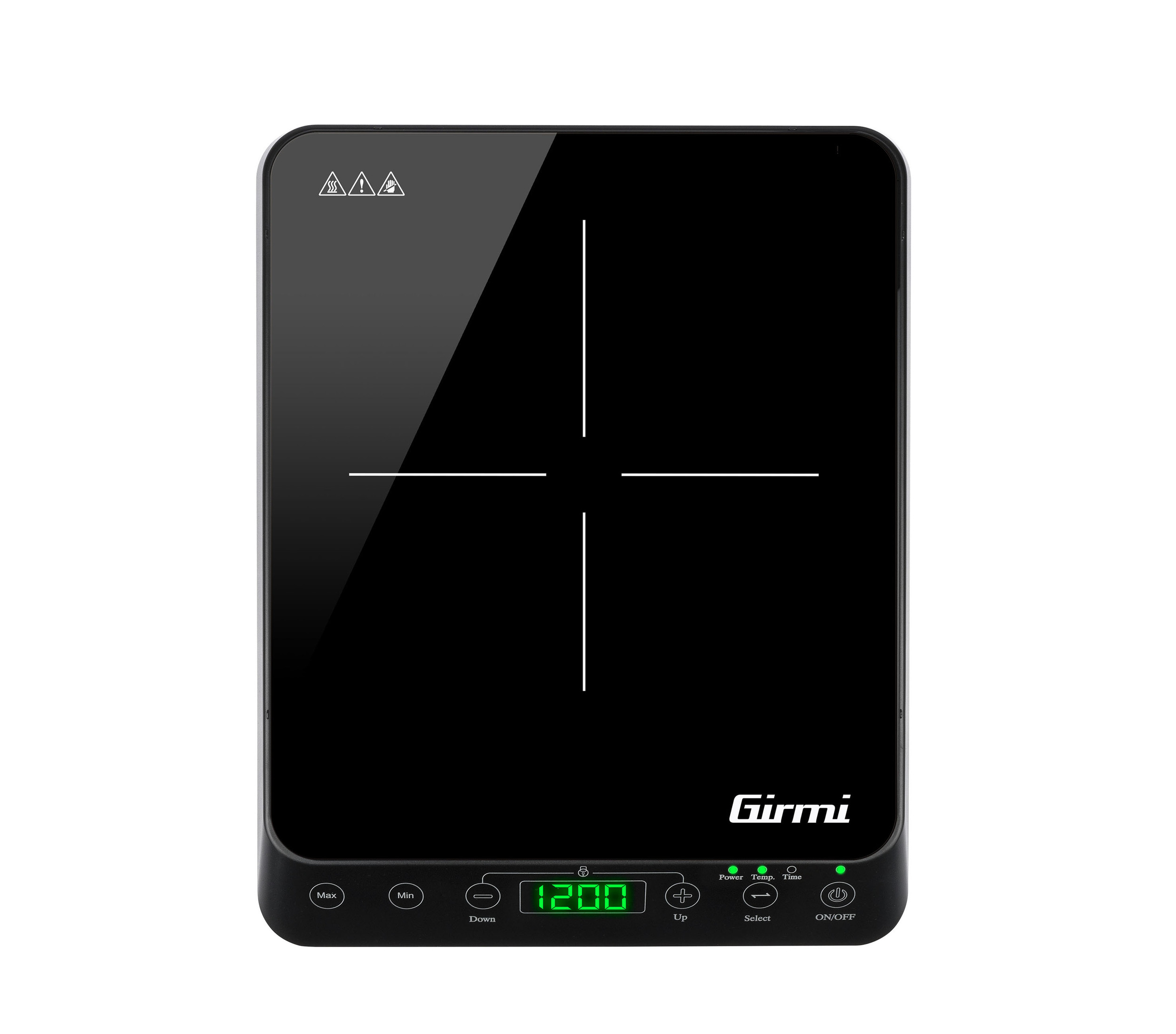 Czarna płyta indukcyjna z cyfrowym wyświetlaczem i sterowaniem. Pokazuje 1200W.