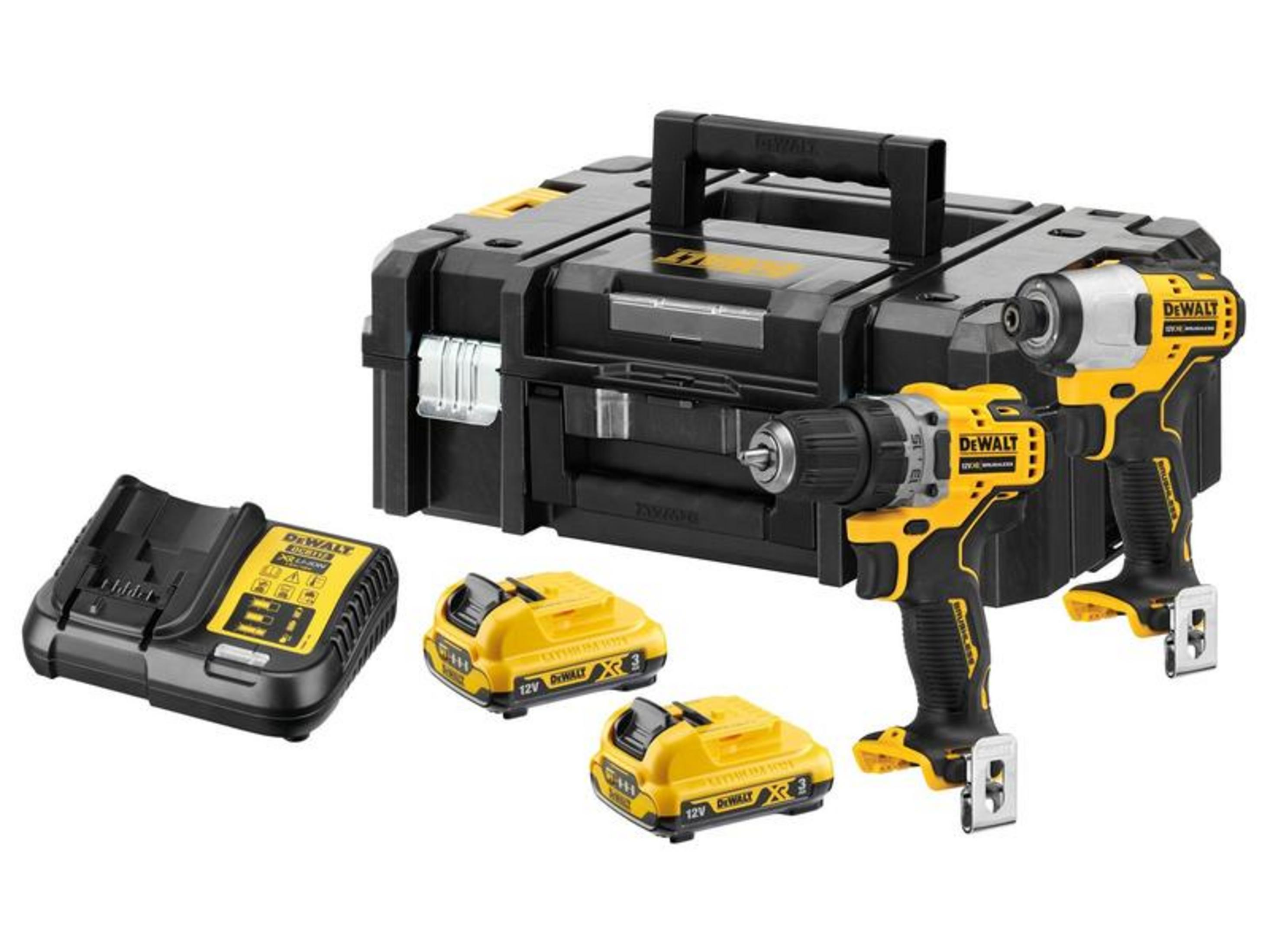 DeWalt Werkzeugset mit Koffer, Ladegerät und zwei Akkus.
