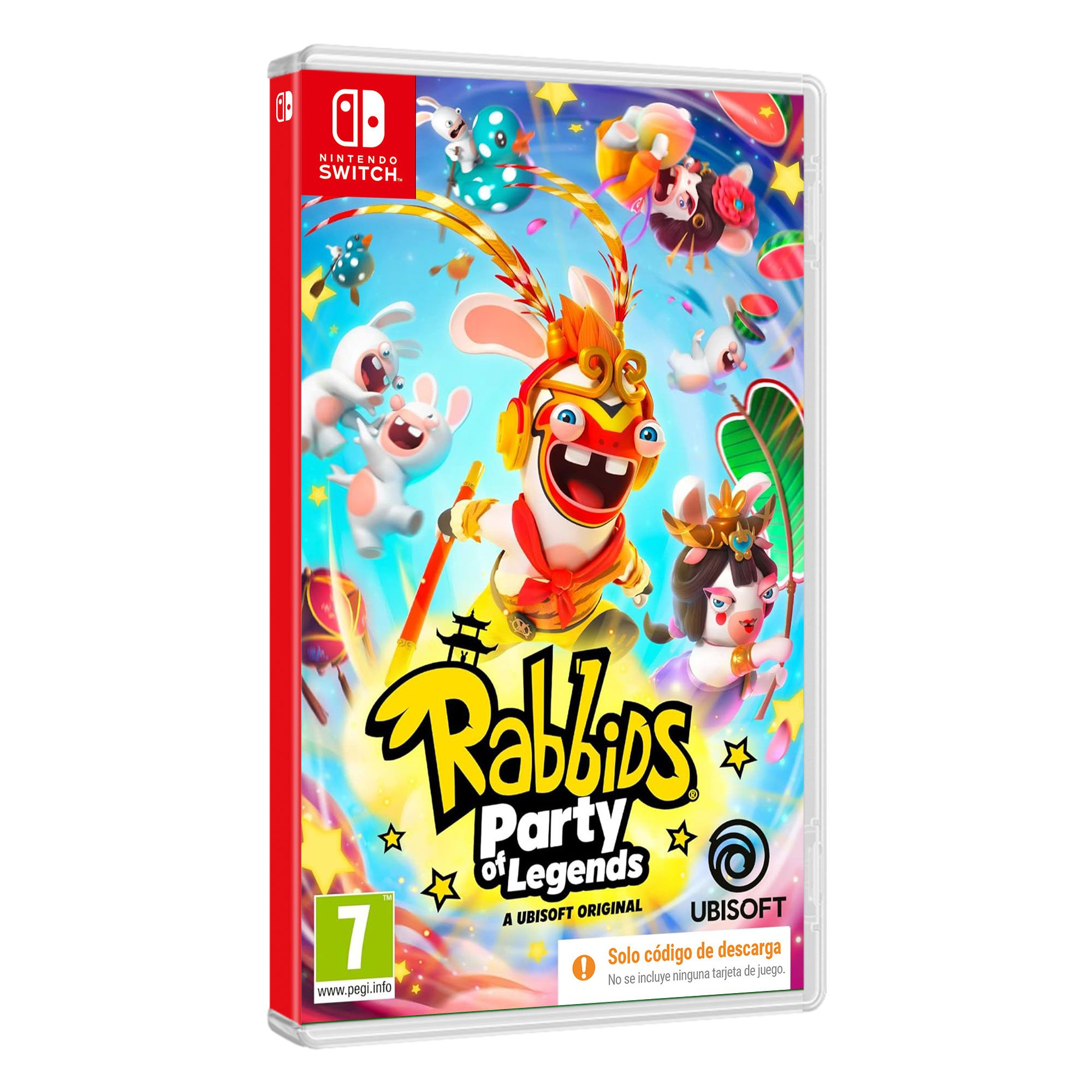 Pudełko gry Nintendo Switch Rabbids Party of Legends z wesołymi Rabbidsami.