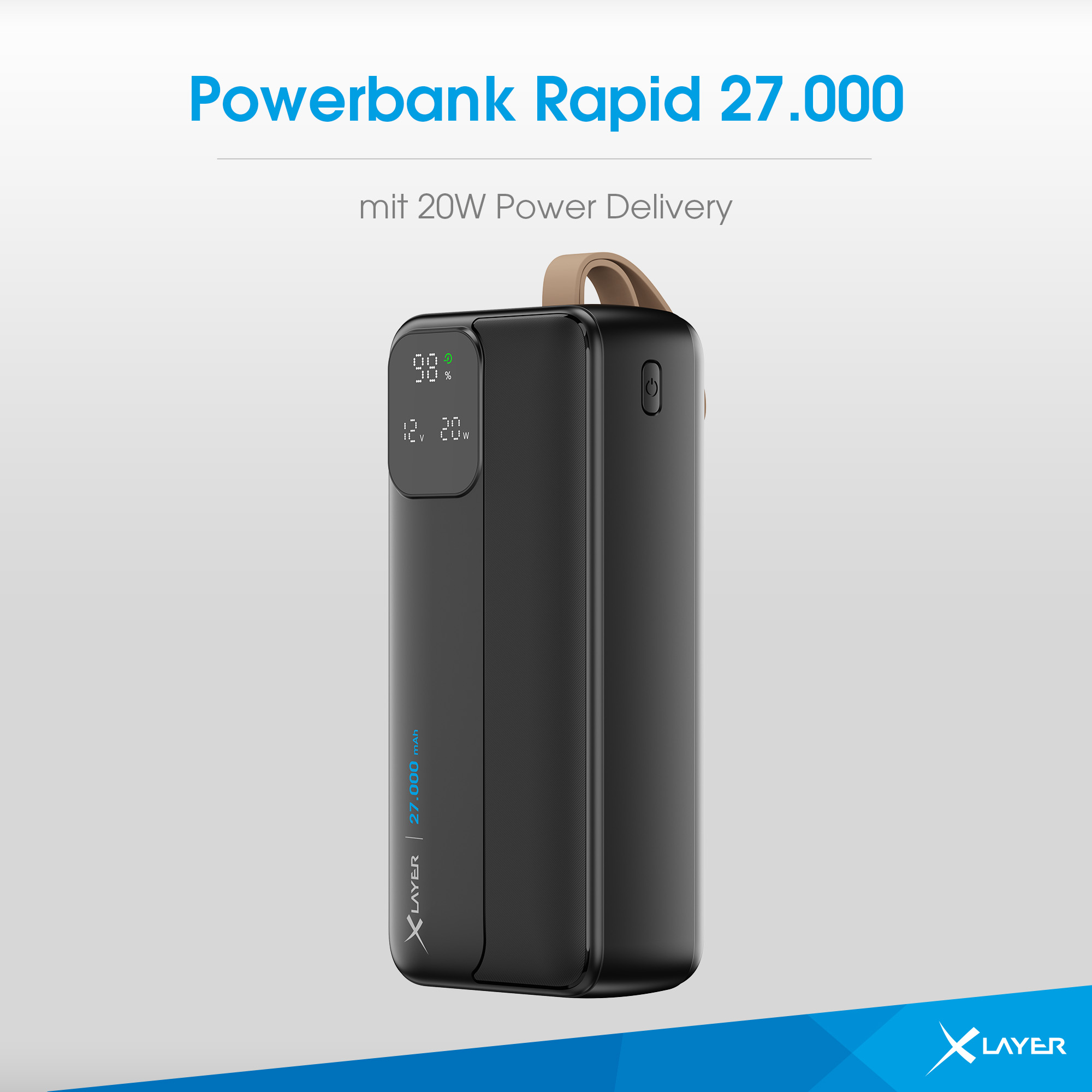 Schwarze Powerbank mit 27.000 mAh und 20W PD. Zeigt 98% Ladung, 12V, 20W an.