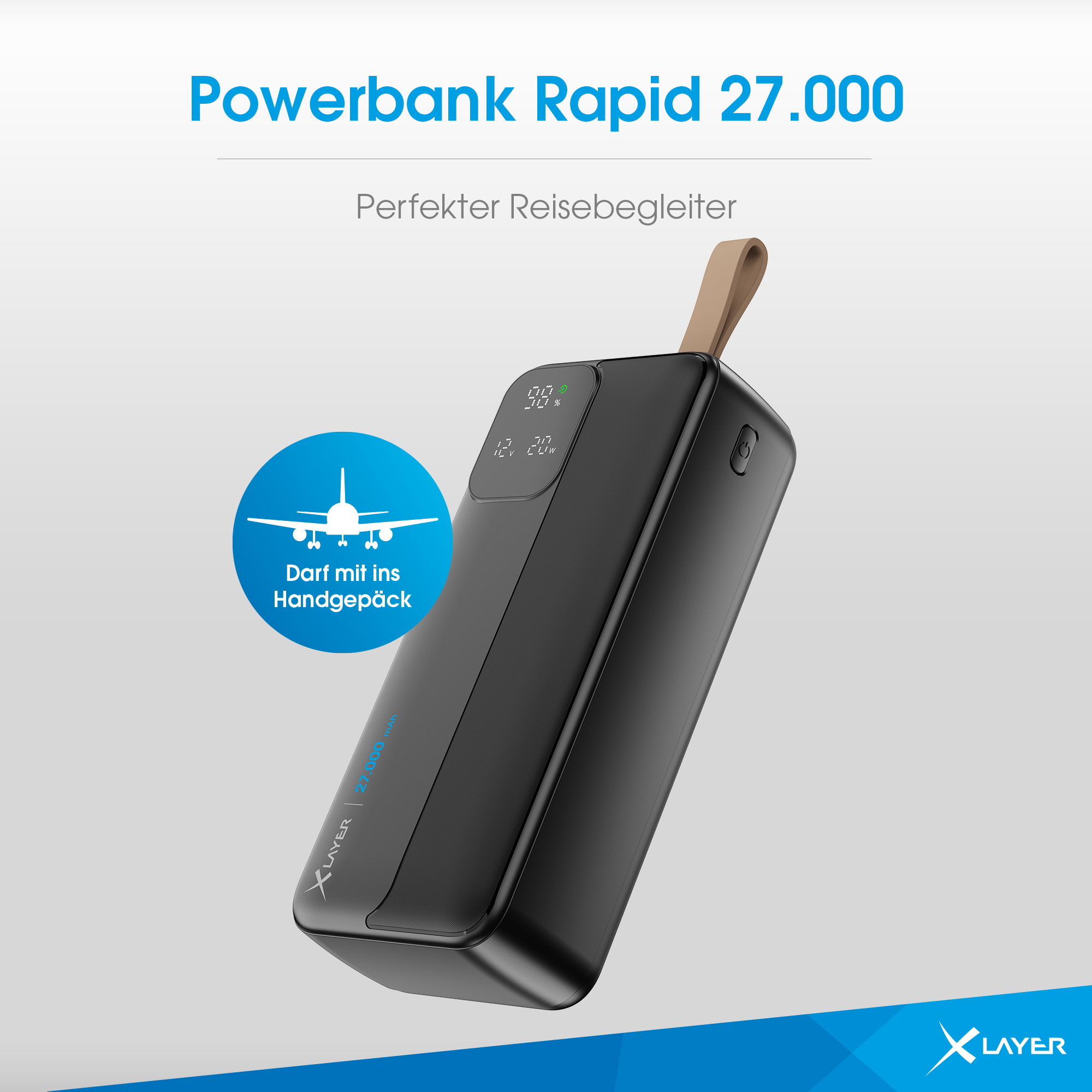 Schwarze Powerbank mit digitaler Anzeige und Flugzeugsymbol. Erlaubt im Handgepäck.