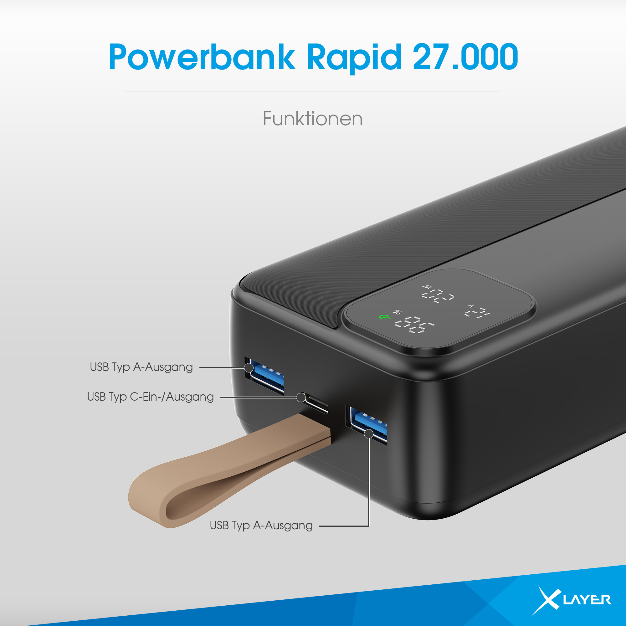 Schwarzes Powerbank mit USB-A-, USB-C-Anschlüssen und digitaler Anzeige.