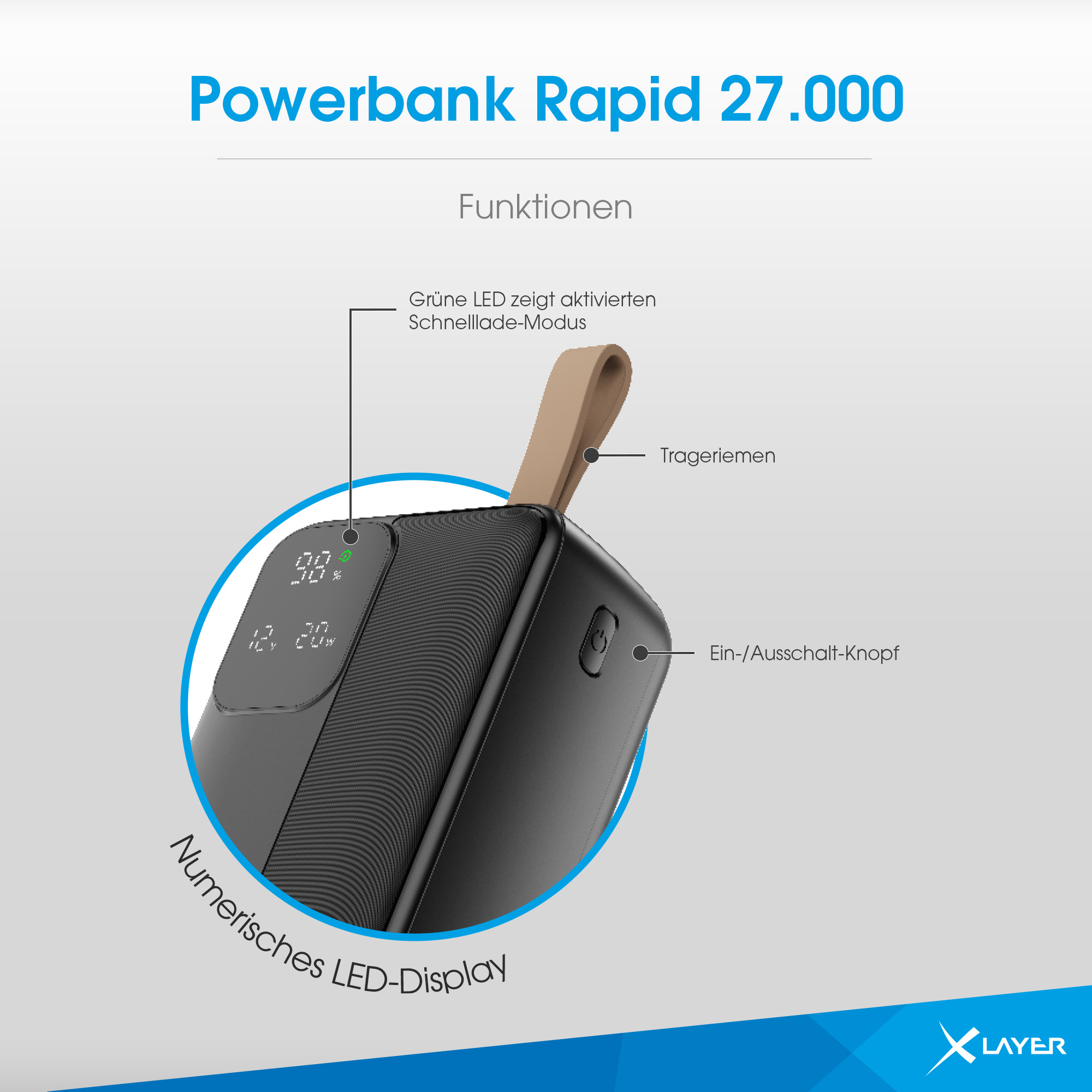 Schwarze Powerbank mit numerischem LED-Display, Trageriemen und Knopf.