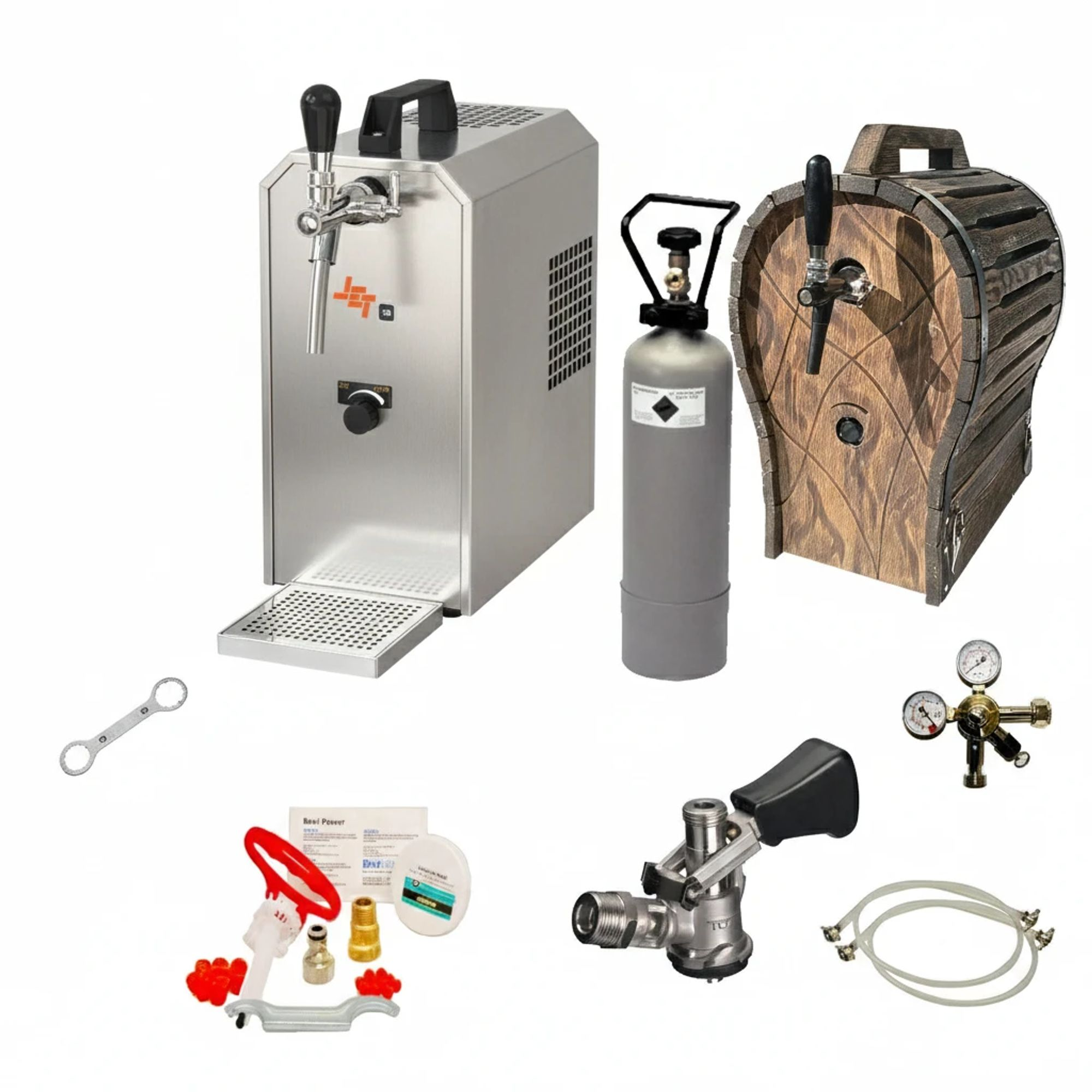 Équipement de distribution de bière : refroidisseur en acier inoxydable, fût, réservoir de CO2, régulateur, tuyaux et outils.