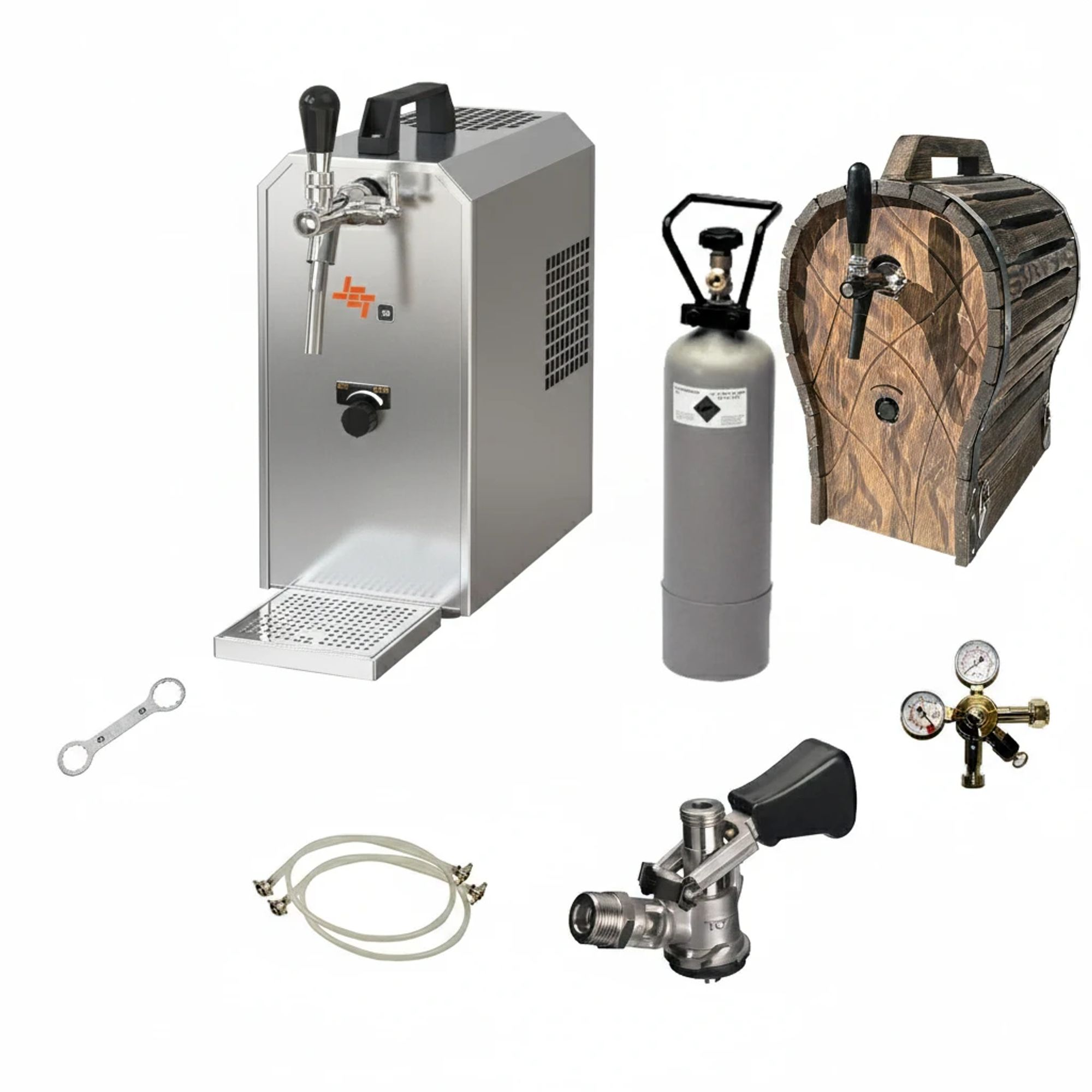 Un distributeur de bière, réservoir de CO2, robinet de fût en bois, régulateur, tuyau et clé.