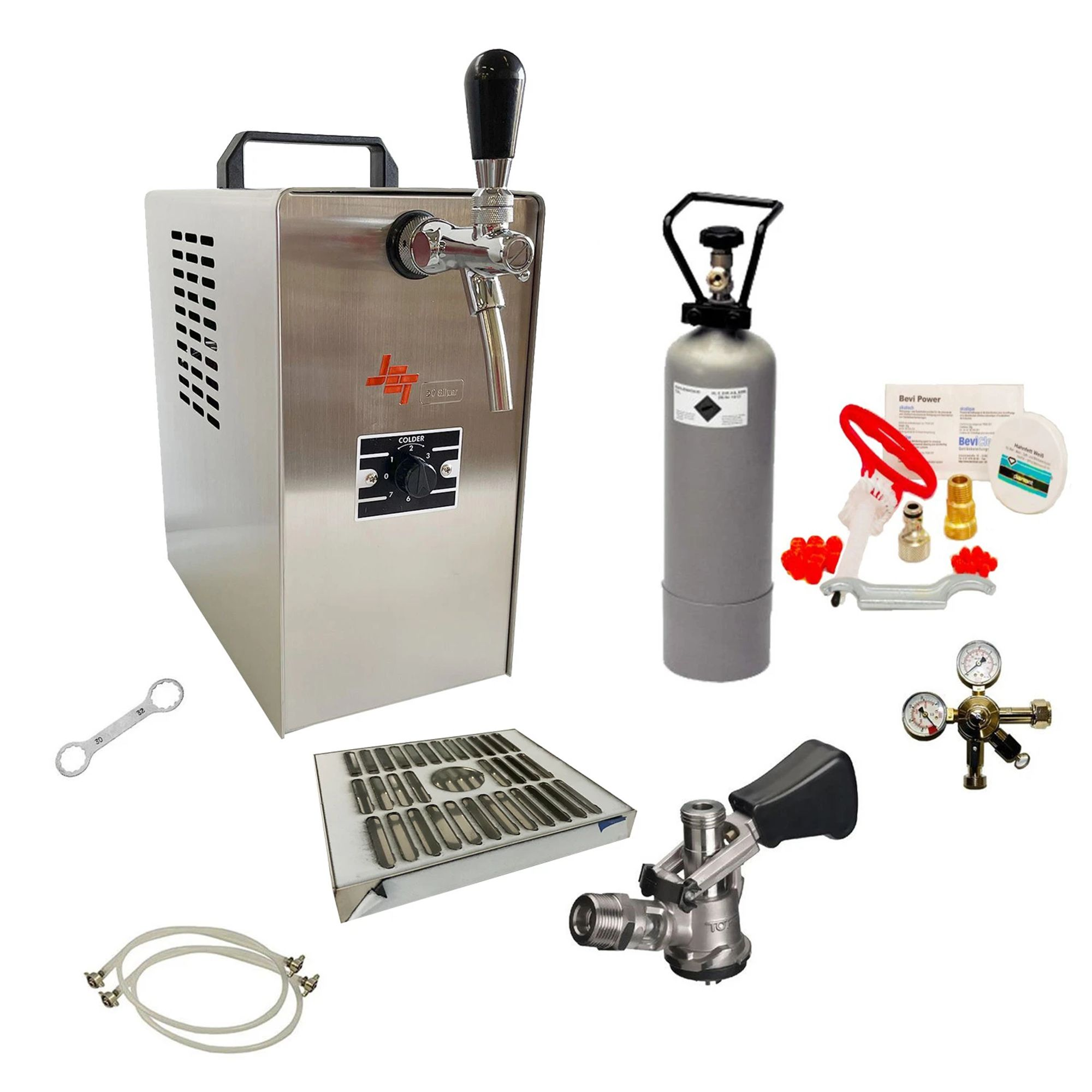 Un distributeur de bière avec accessoires, dont une bombonne de CO2, un détendeur et des tuyaux.