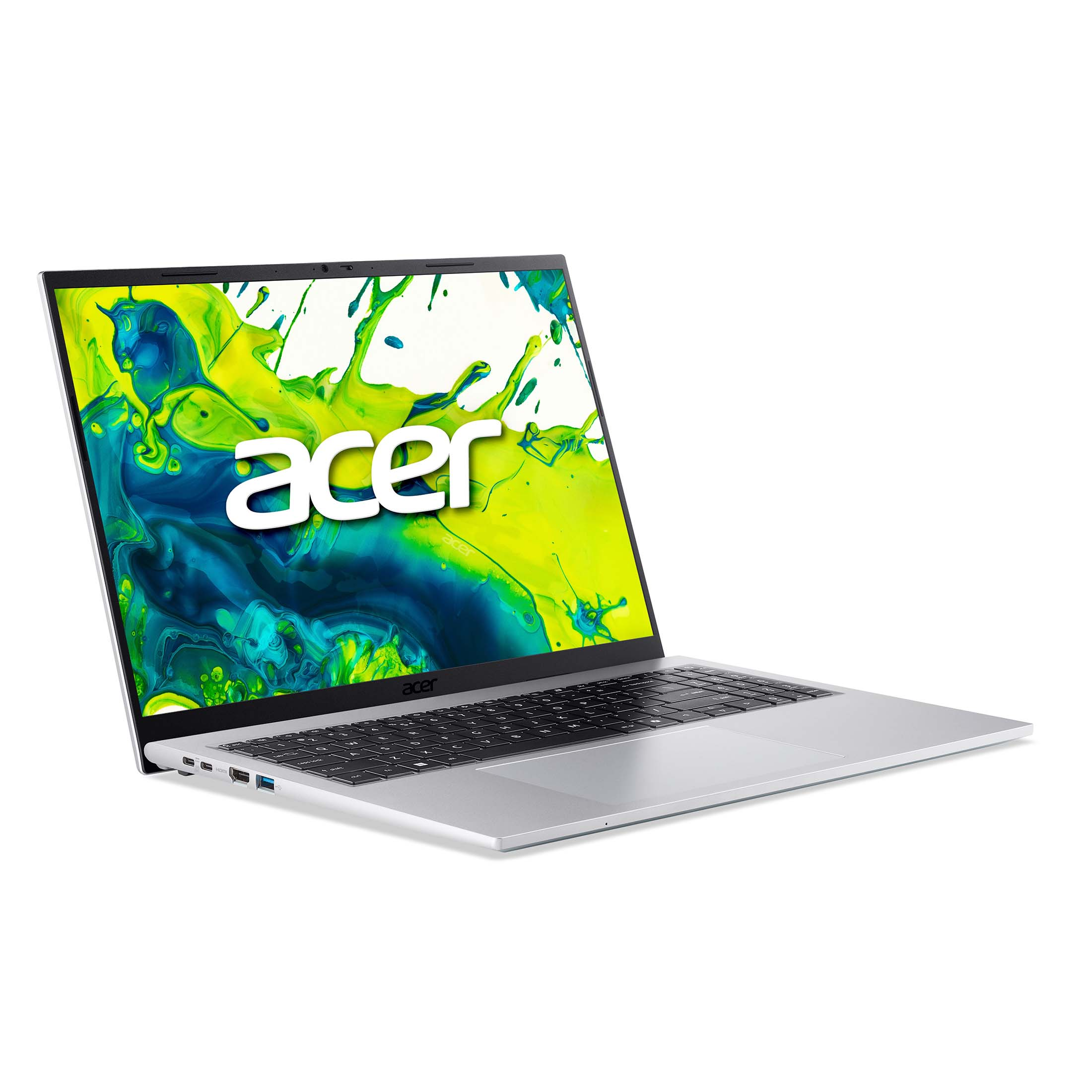 Ein silberner Acer Laptop mit einem bunten Hintergrund auf dem Bildschirm.