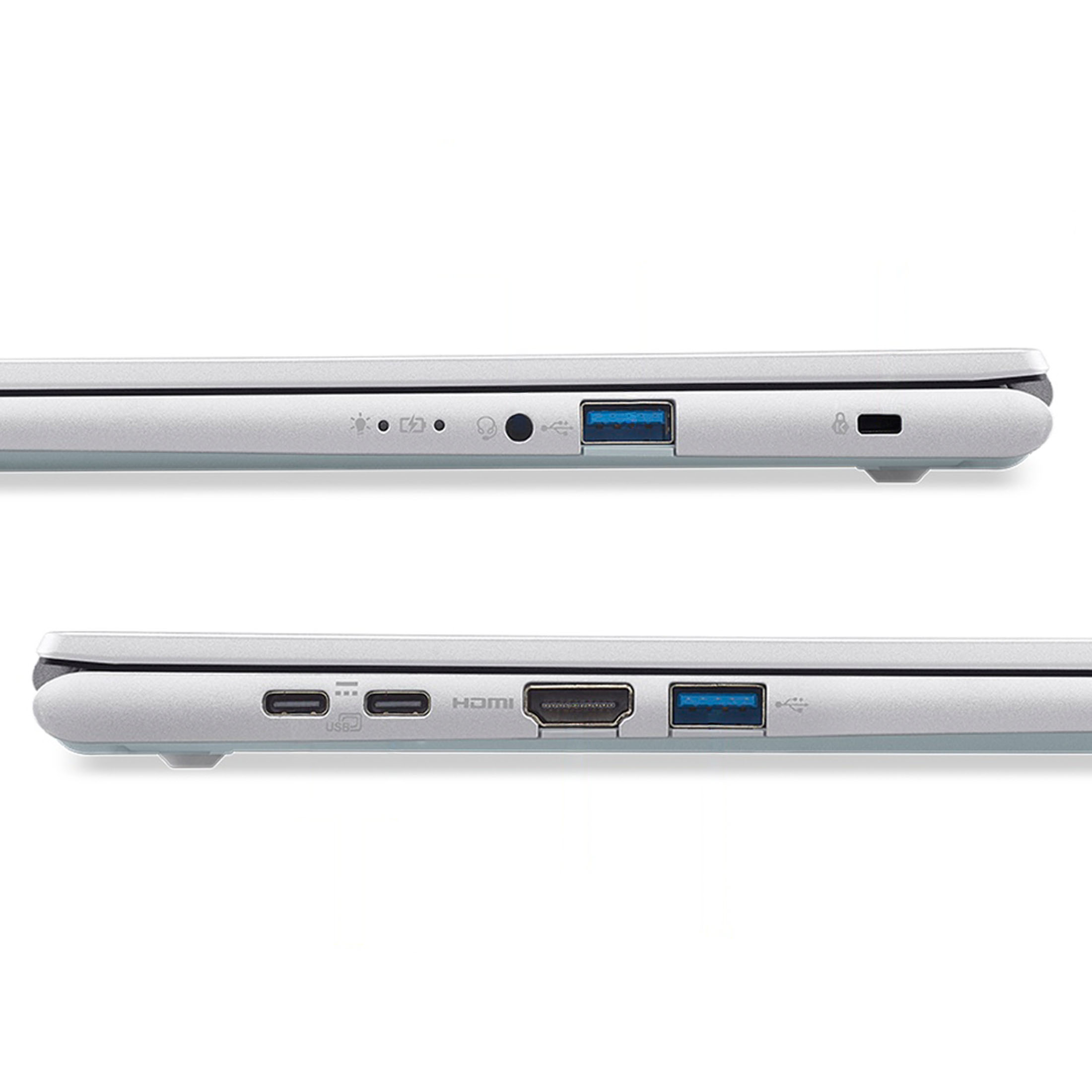 Silberner Laptop mit USB-A, USB-C, HDMI und Netzanschluss.