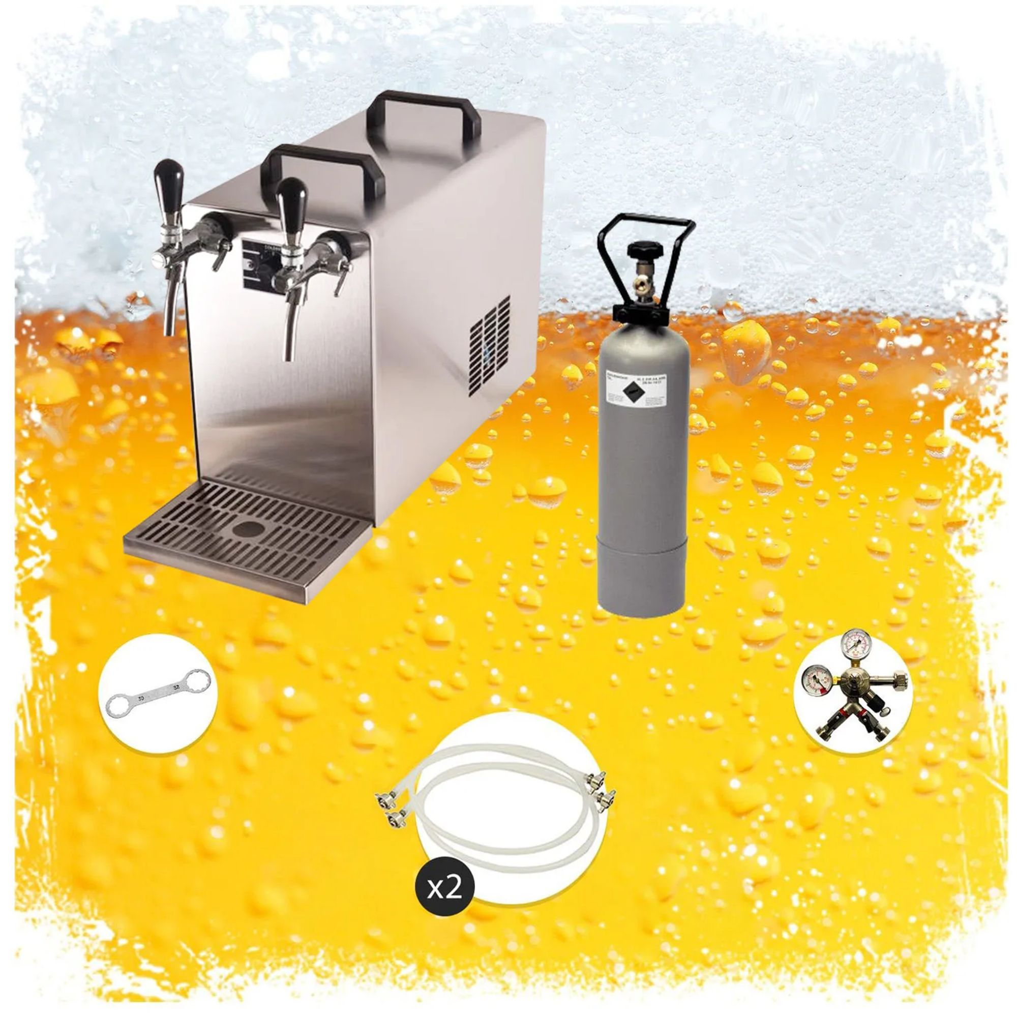 Beer dispenser with CO2 tank and accessories on a beer background.