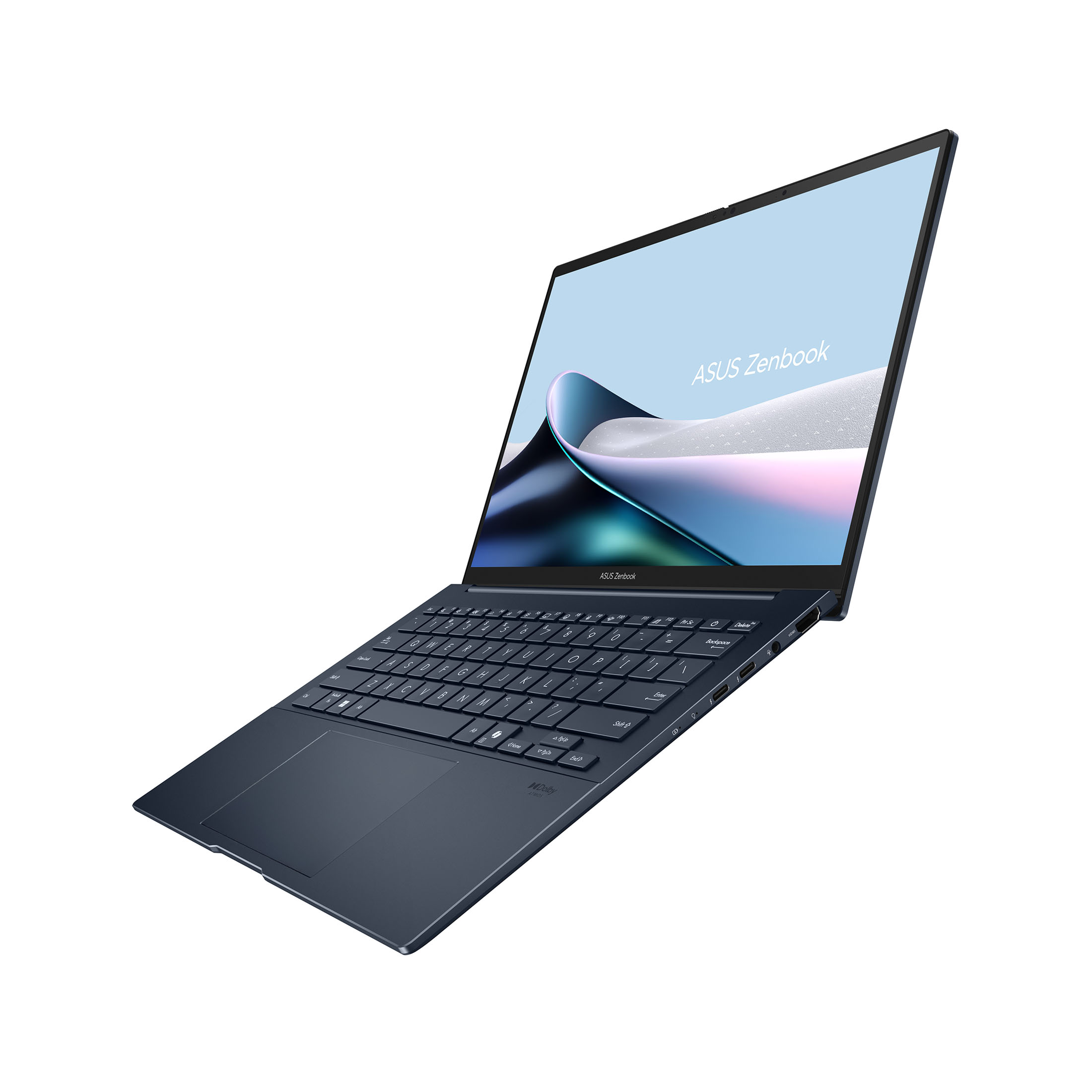 Dunkelblauer ASUS Zenbook Laptop, aufgewinkelt mit geöffnetem Bildschirm.