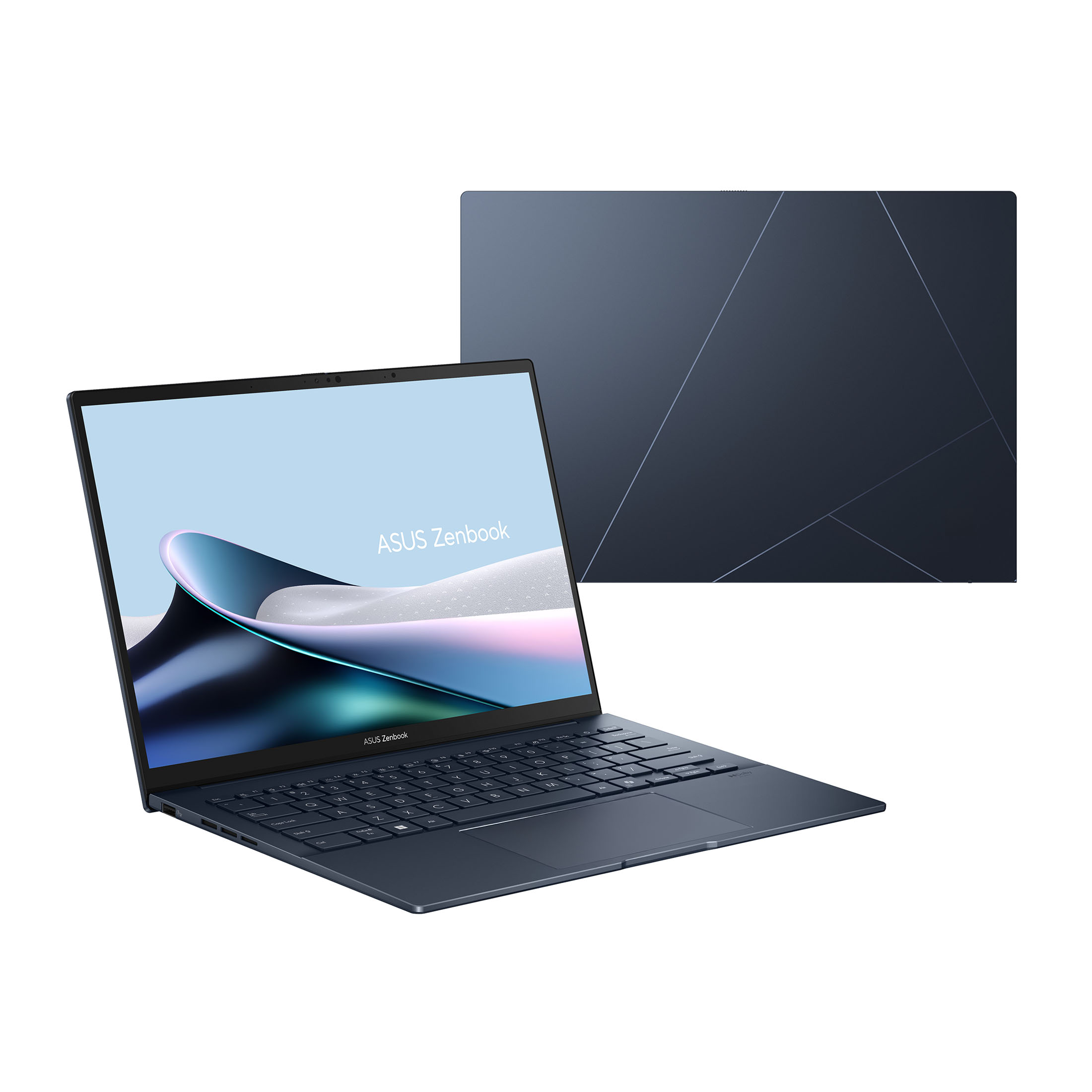 Dunkelblauer ASUS Zenbook Laptop mit Tastatur und Touchpad.