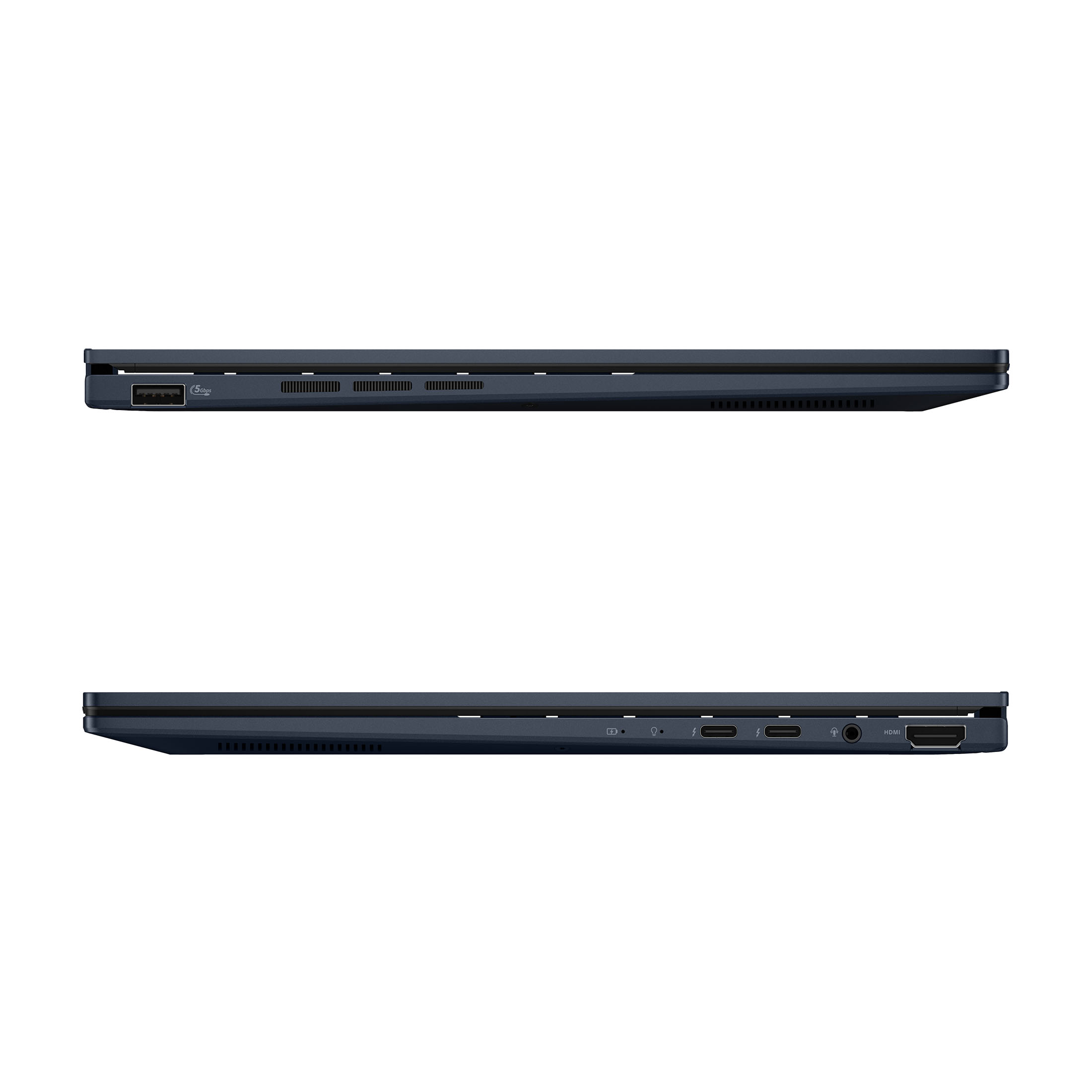 Dunkelblaue Laptop-Seitenansicht mit USB-A, Lüftungsschlitzen und HDMI-Anschluss.
