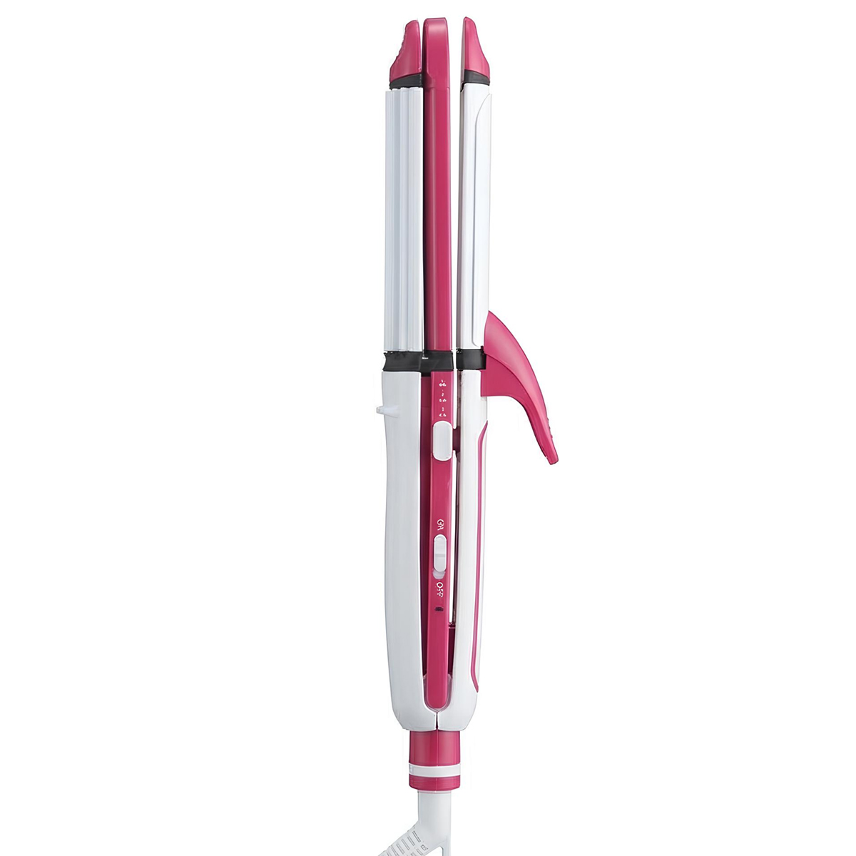 Ein weißer und pinker Lockenstab mit silbernen Heizelementen, isoliert.