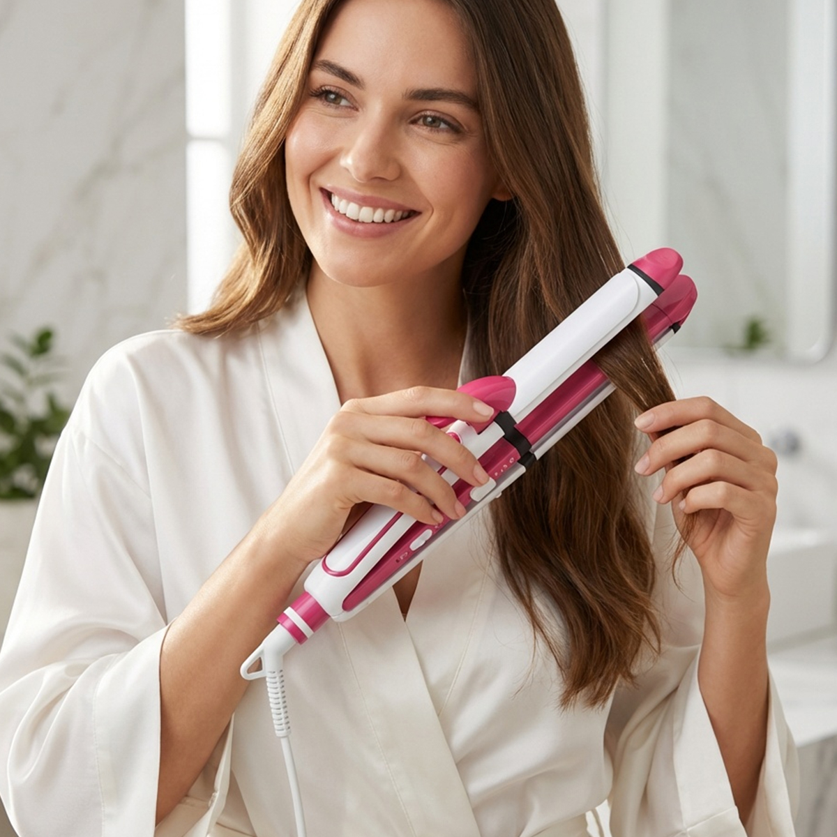 Eine Frau in einem weißen Bademantel stylt ihr braunes Haar mit einem pink-weißen Glätteisen.