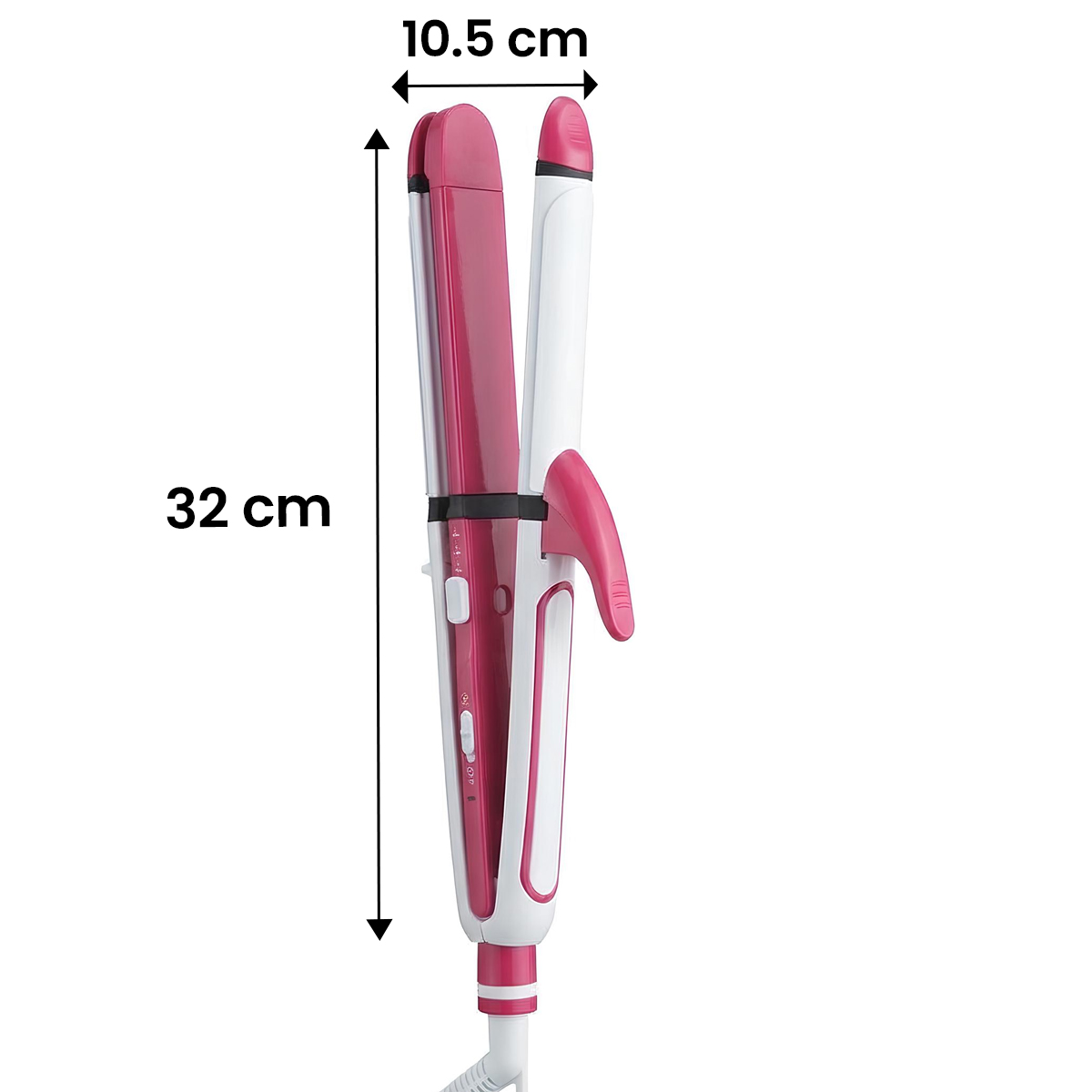 Ein pinkfarbenes und weißes Haarglätteisen mit 32cm Länge und 10.5cm Breite.