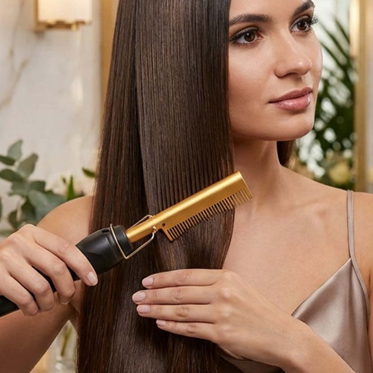 Frau mit langen braunen Haaren, die eine goldene Heizkamm benutzt.
