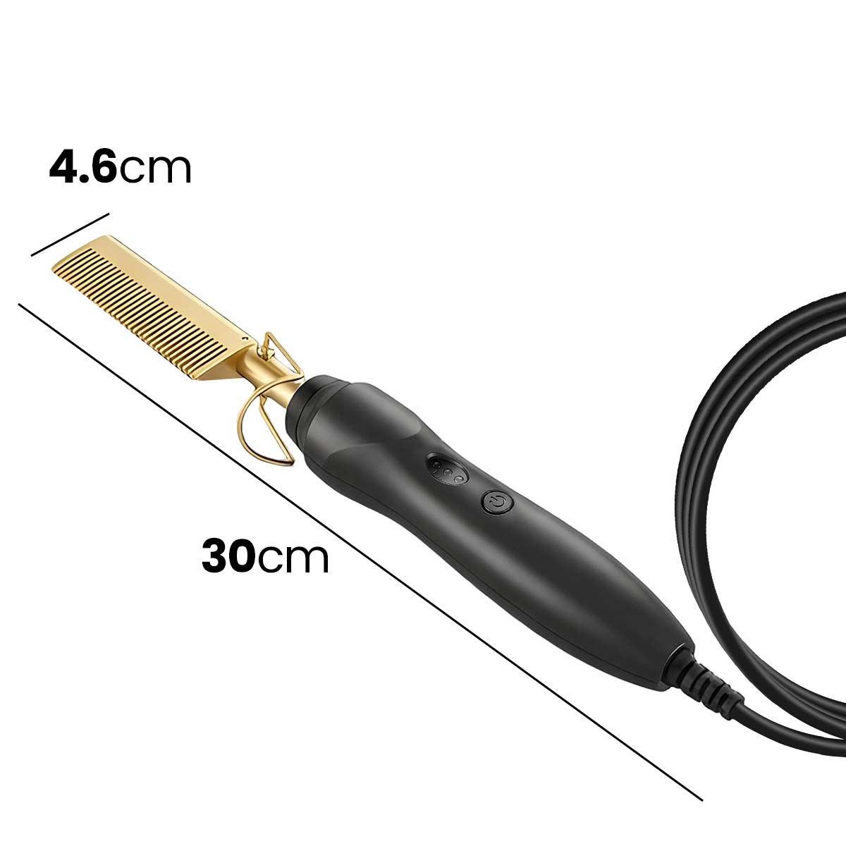 Ein elektrischer Kamm mit goldenen Zinken und schwarzem Griff.