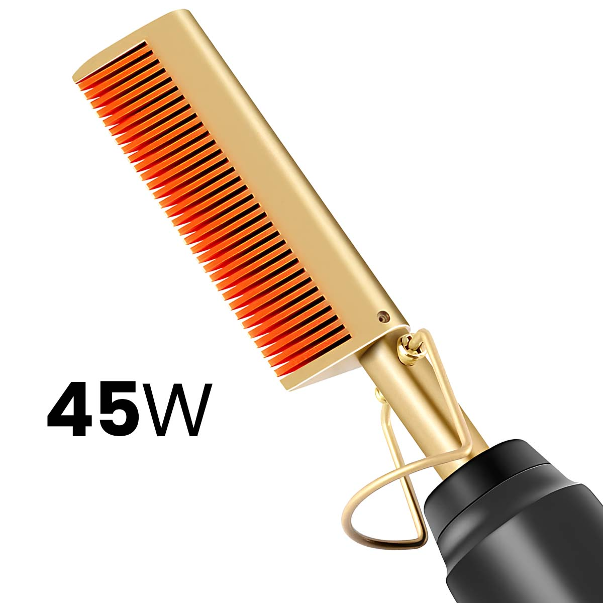 Ein goldener und oranger Heißkamm mit schwarzem Griff ist schräg auf einem weißen Hintergrund positioniert, mit „45W“ unten links.