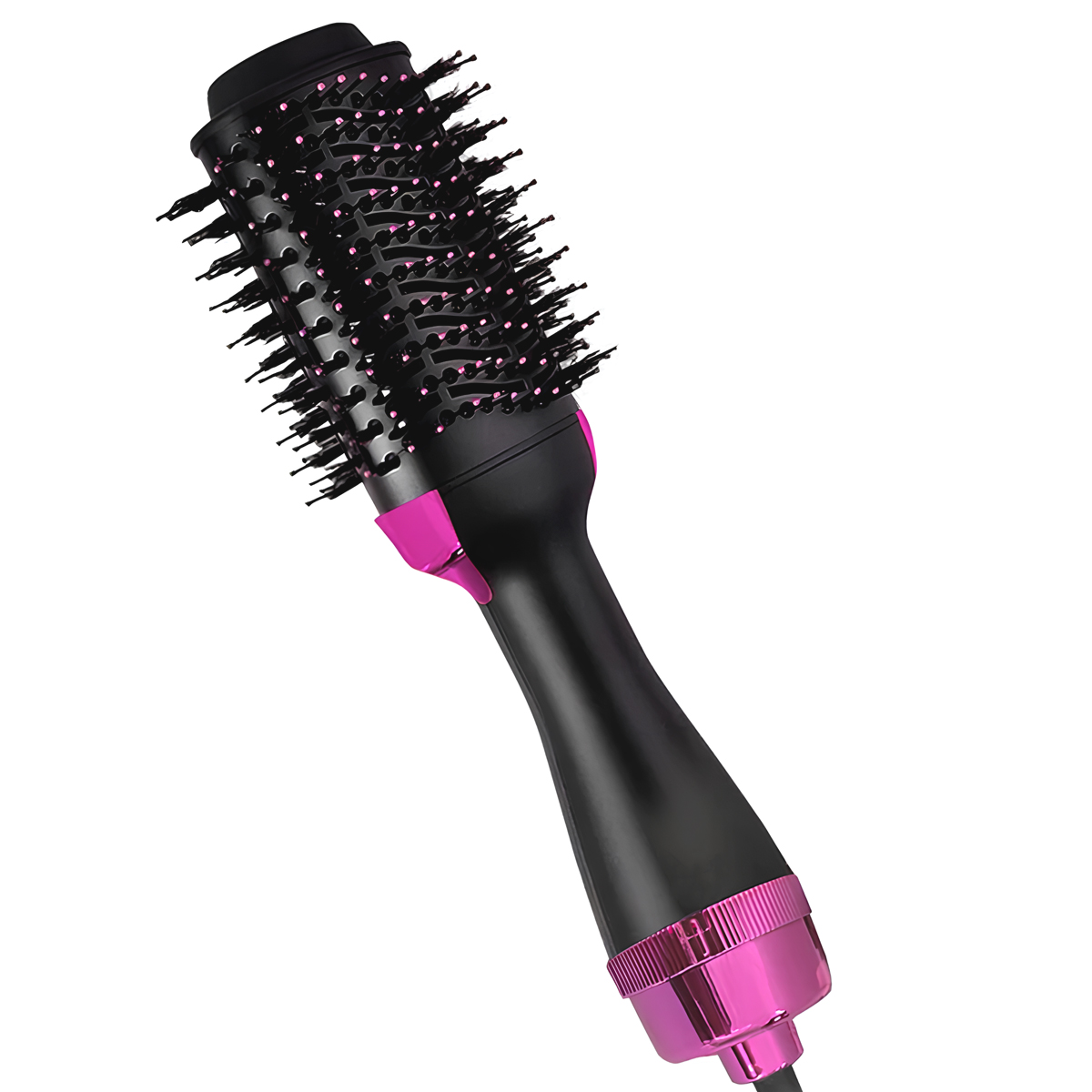 Ein schwarzer Haartrockner-Bürstenkombination mit rosa Akzenten.