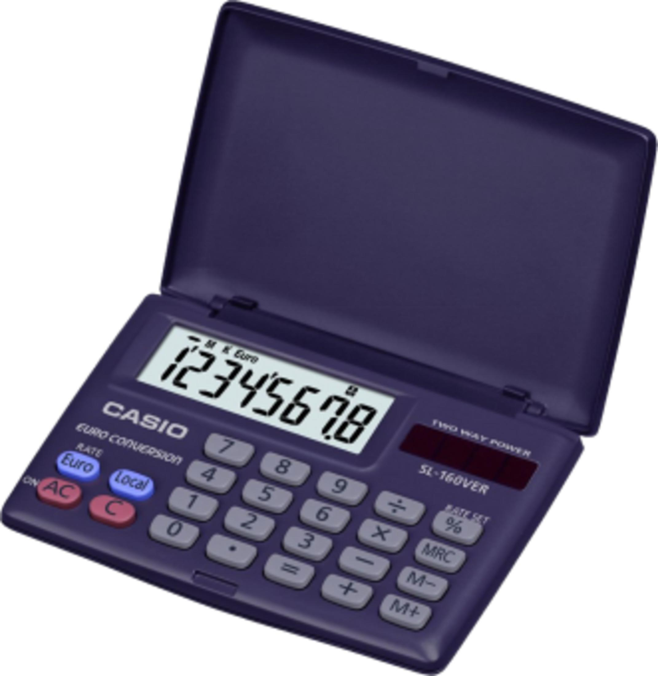 Calcolatrice Casio viola scuro con coperchio aperto, numeri visualizzati.