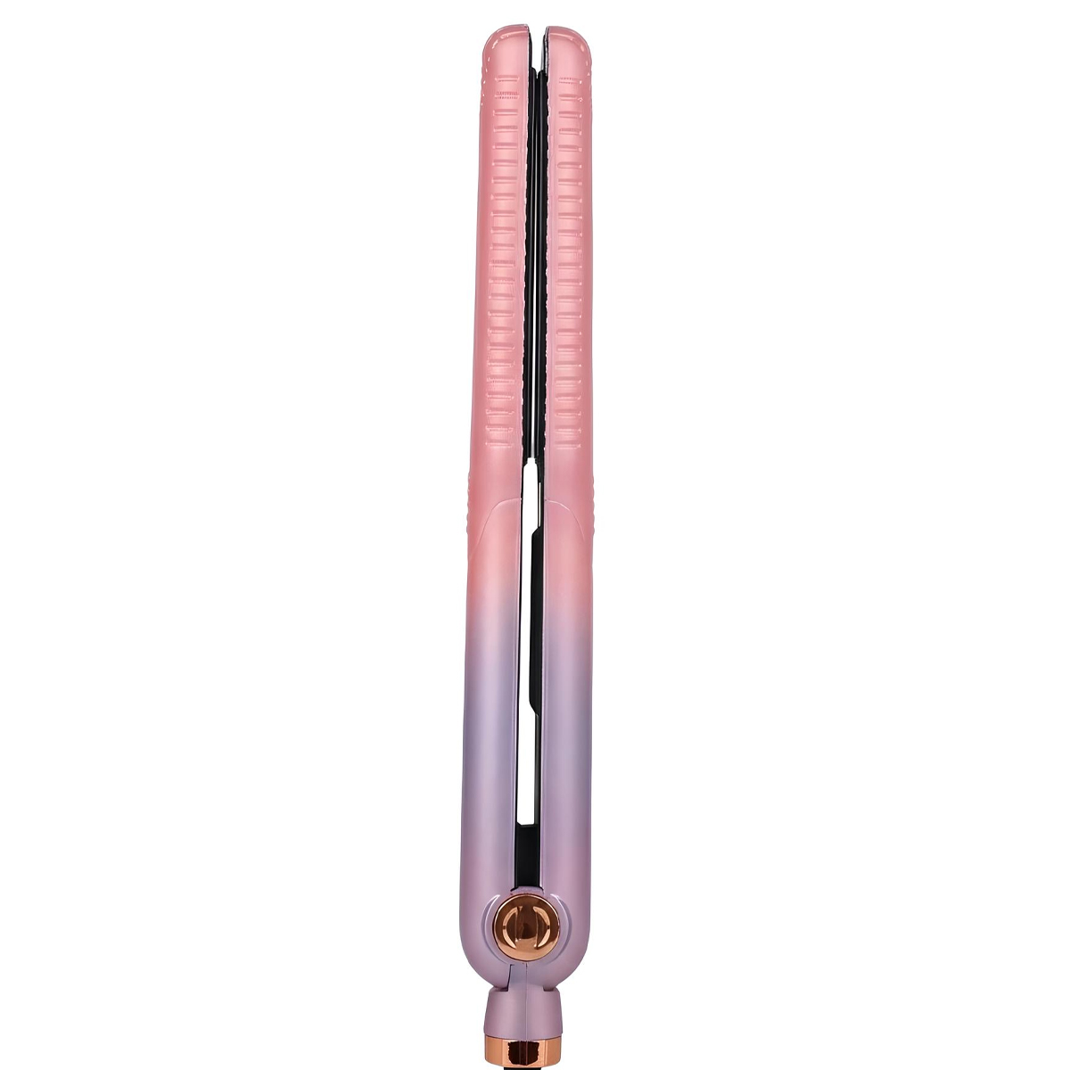 Geschlossener pink-violetter Haarglätter mit roséfarbenen Akzenten und Rillen.