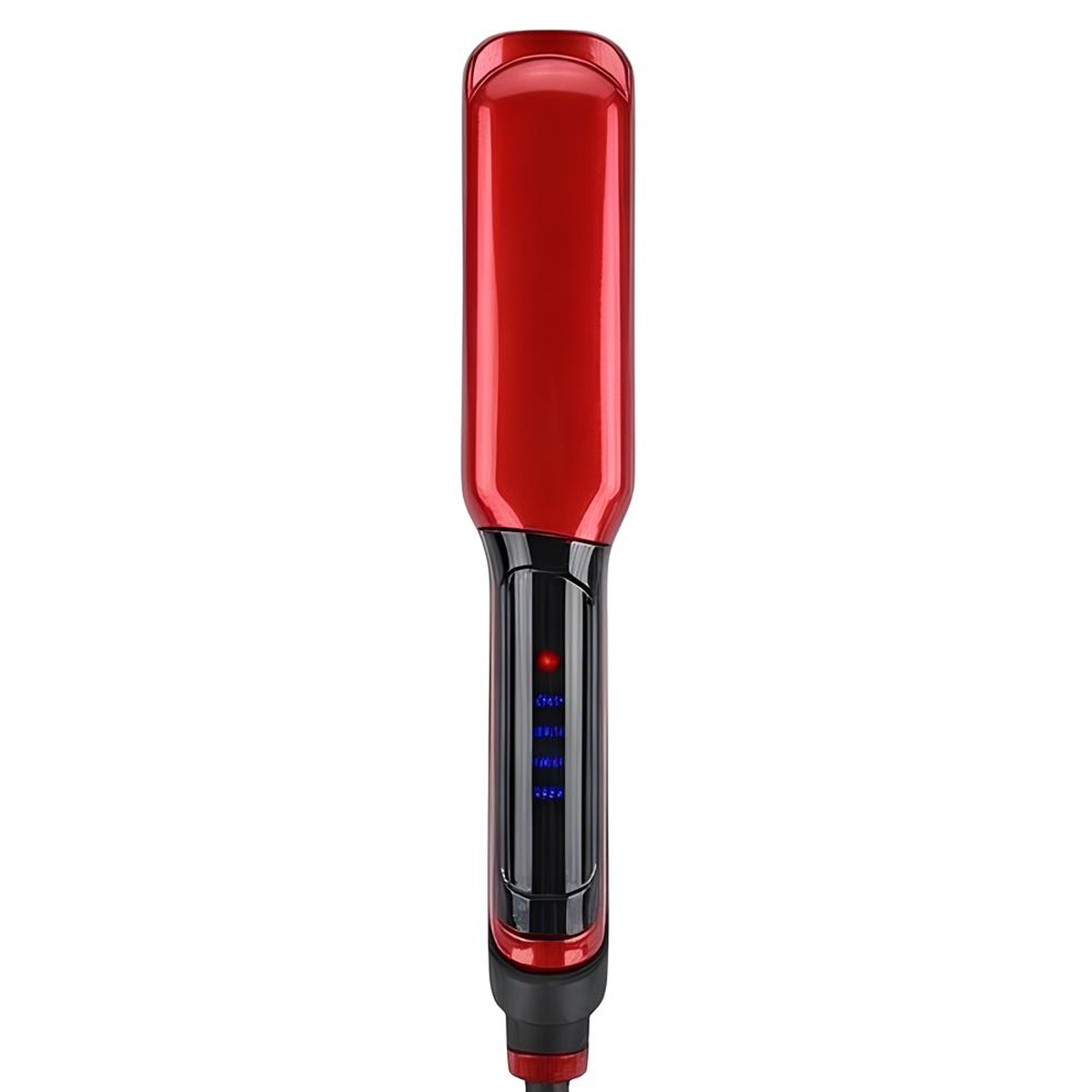Roter Glätteisen mit schwarzem Griff und blauen LED-Anzeigen.