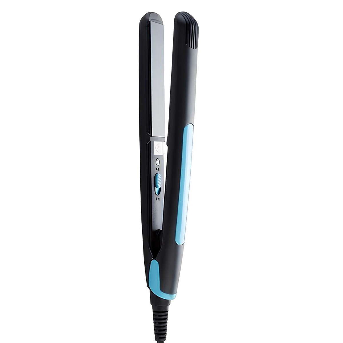 Ein schwarzer und blauer Haarglätter mit silbernen Platten auf weißem Hintergrund.