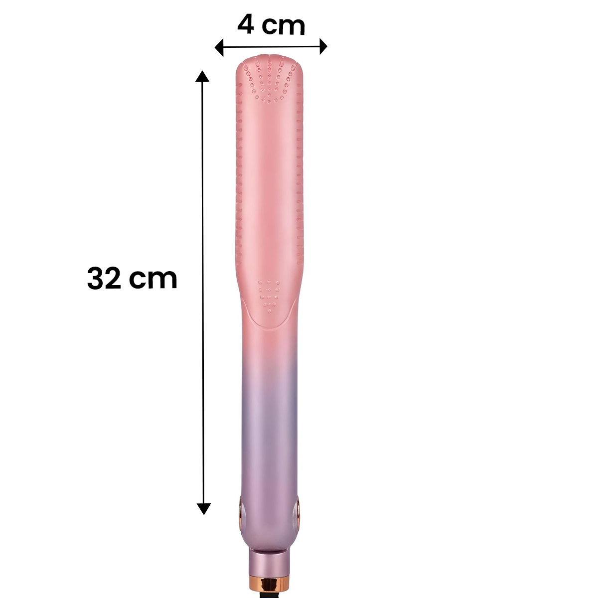 Ein rosafarbener Glätteisen mit einem 32 cm langen Schaft und 4 cm Breite.