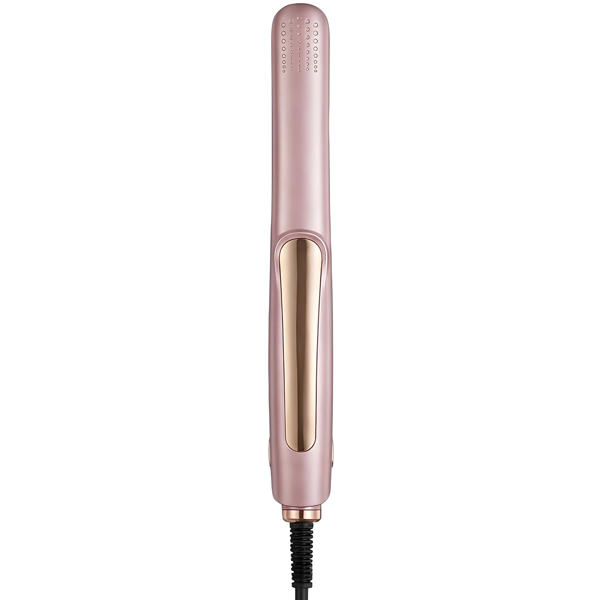 Ein roségoldener Haarglätter mit einem glänzenden Mittelstreifen und Lüftungsschlitzen.