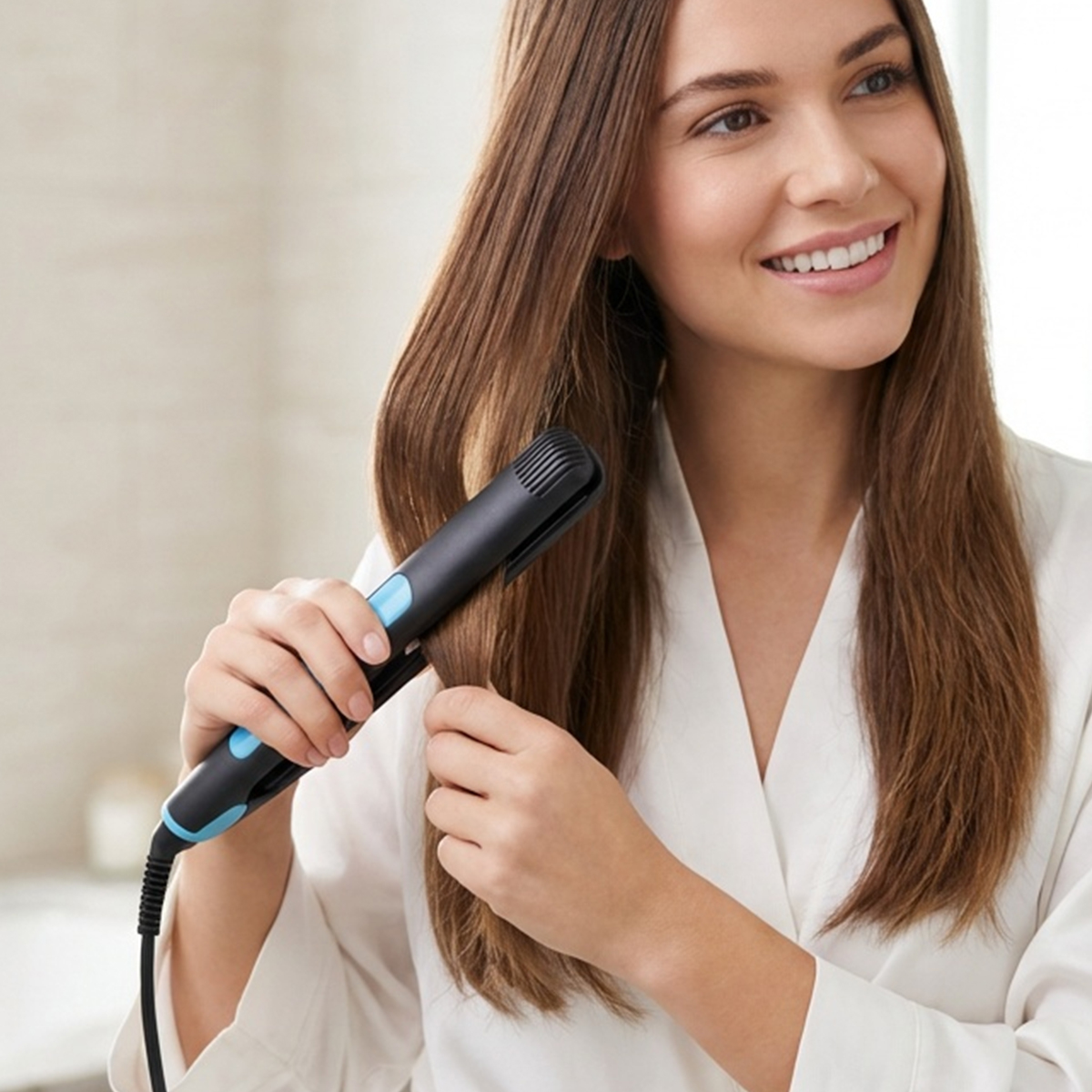 Eine Frau mit langen braunen Haaren glättet ihr Haar mit einem schwarzen und blauen Glätteisen.