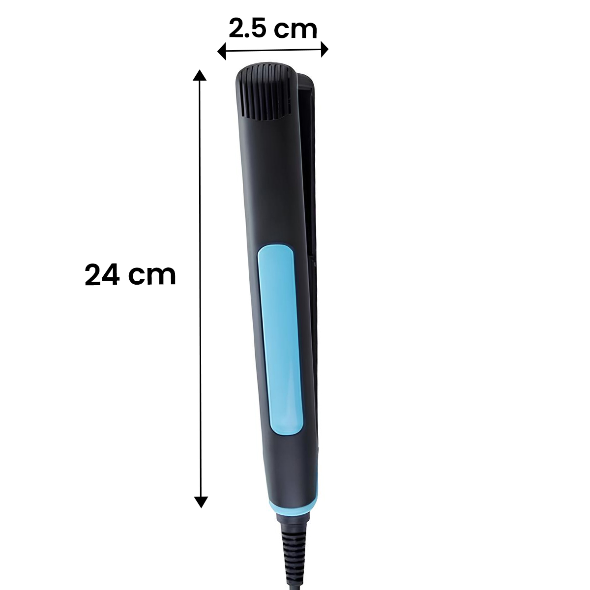 Schwarzer Haarglätter mit blauem Akzent, 24 cm lang, 2,5 cm breit.