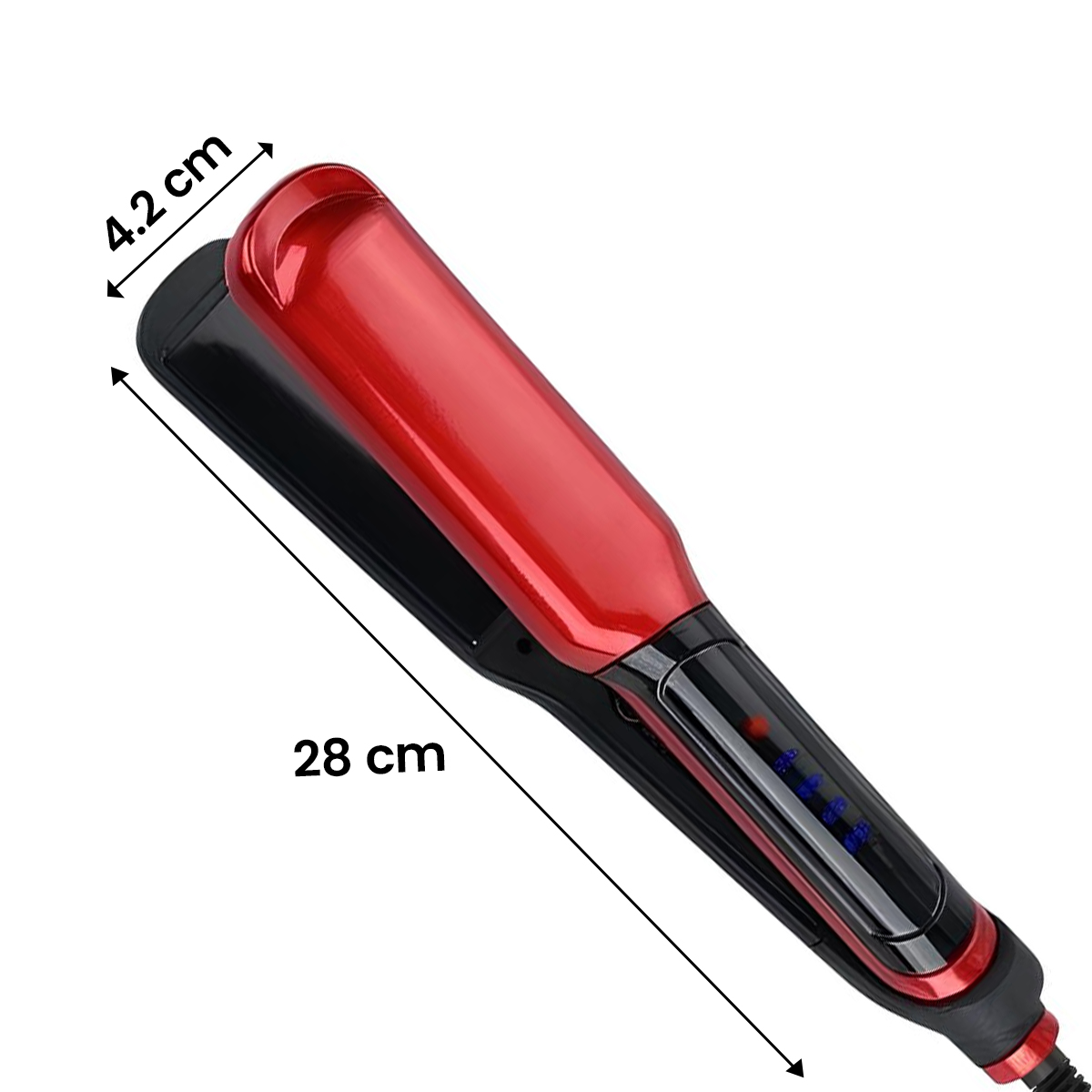 Roter Haarglätter mit schwarzer Oberfläche, 28 cm lang und 4,2 cm breit.