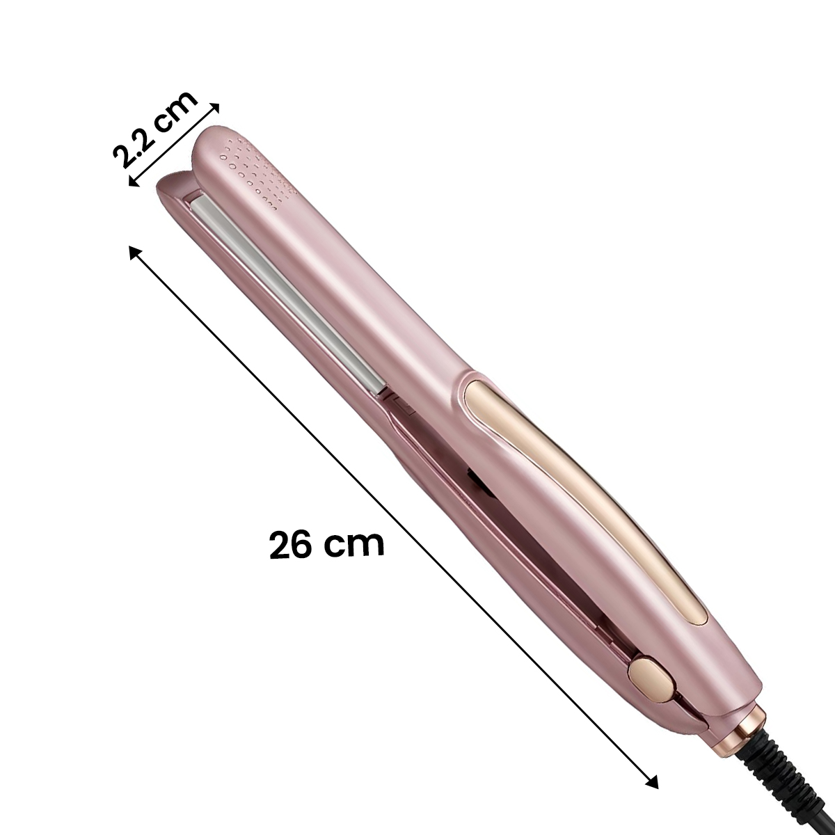 Ein roségoldener Glätteisen misst 26 cm und 2,2 cm Breite.
