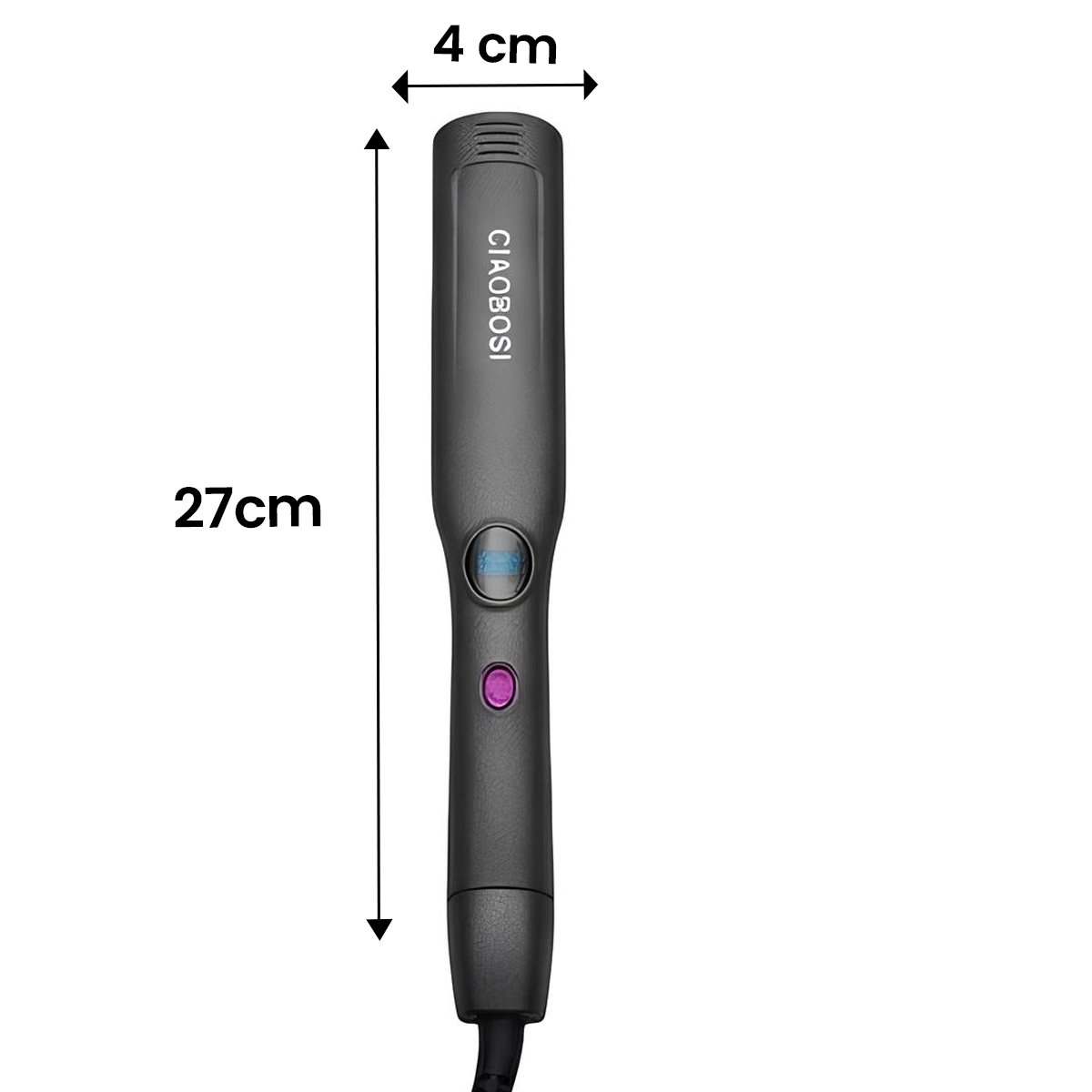 Ein schwarzer Haarglätter, 27cm lang und 4cm breit.